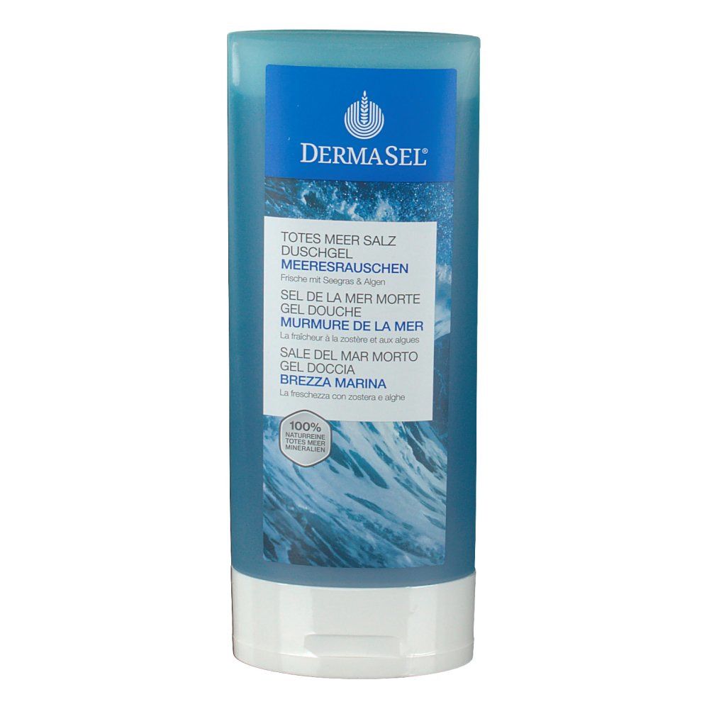 Tube bleu transparent, base blanche. Inscription: DermaSel, Gel douche au sel de la mer Morte, Murmure de la mer. Motif vagues.