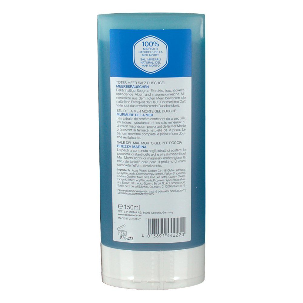 Dos du tube. Texte en allemand, français, italien. Minéraux 100% naturels. Ingrédients. Volume: 150ml.