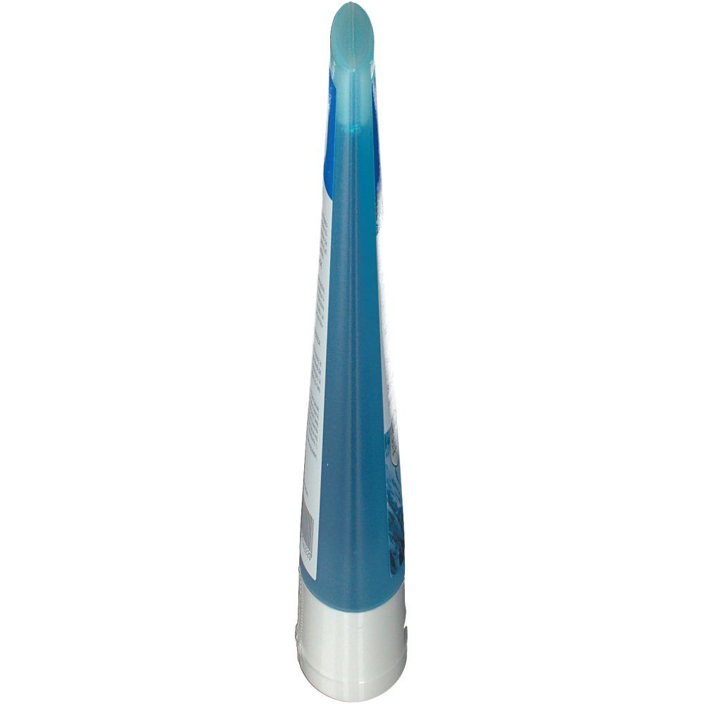 Tube bleu fin, base blanche. Arrondi en haut. Dos avec texte.