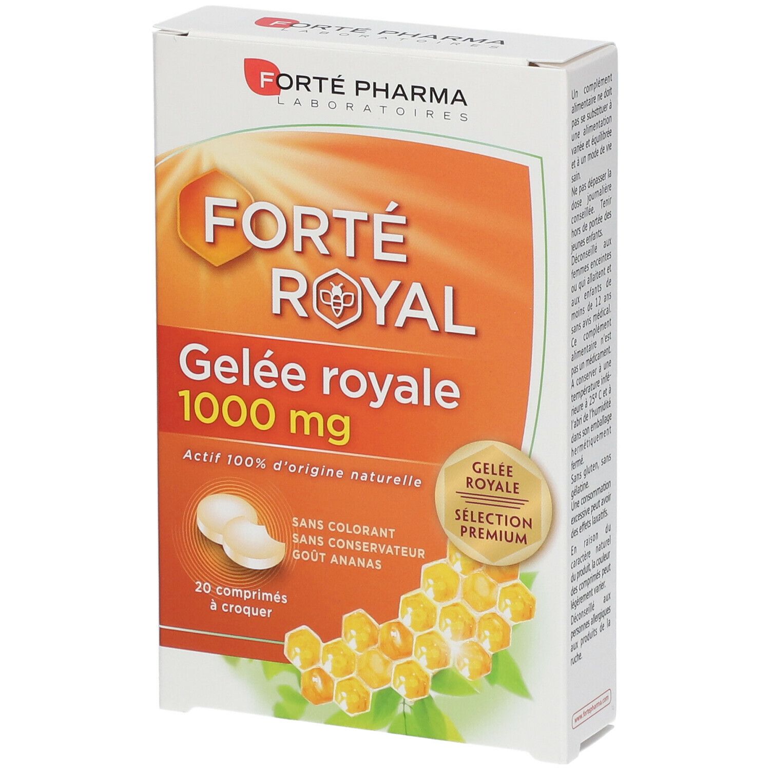 Boîte de Forté Royal Gelée Royale 1000 mg. Contient 20 comprimés. Inscription : "Actif 100% d'origine naturelle".