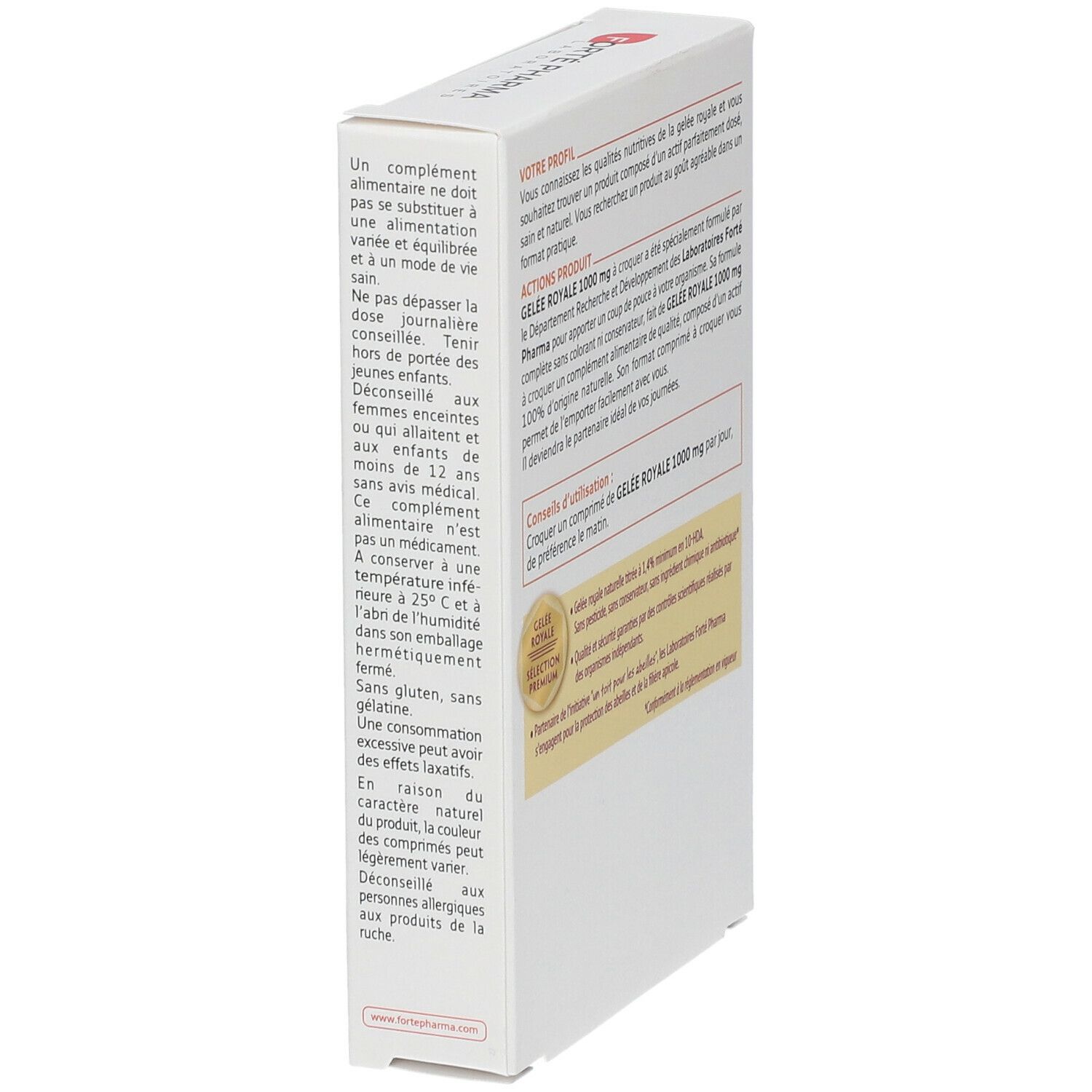 Dos de la boîte de Forté Royal Gelée Royale 1000 mg. Texte sur les ingrédients et les instructions d'utilisation.