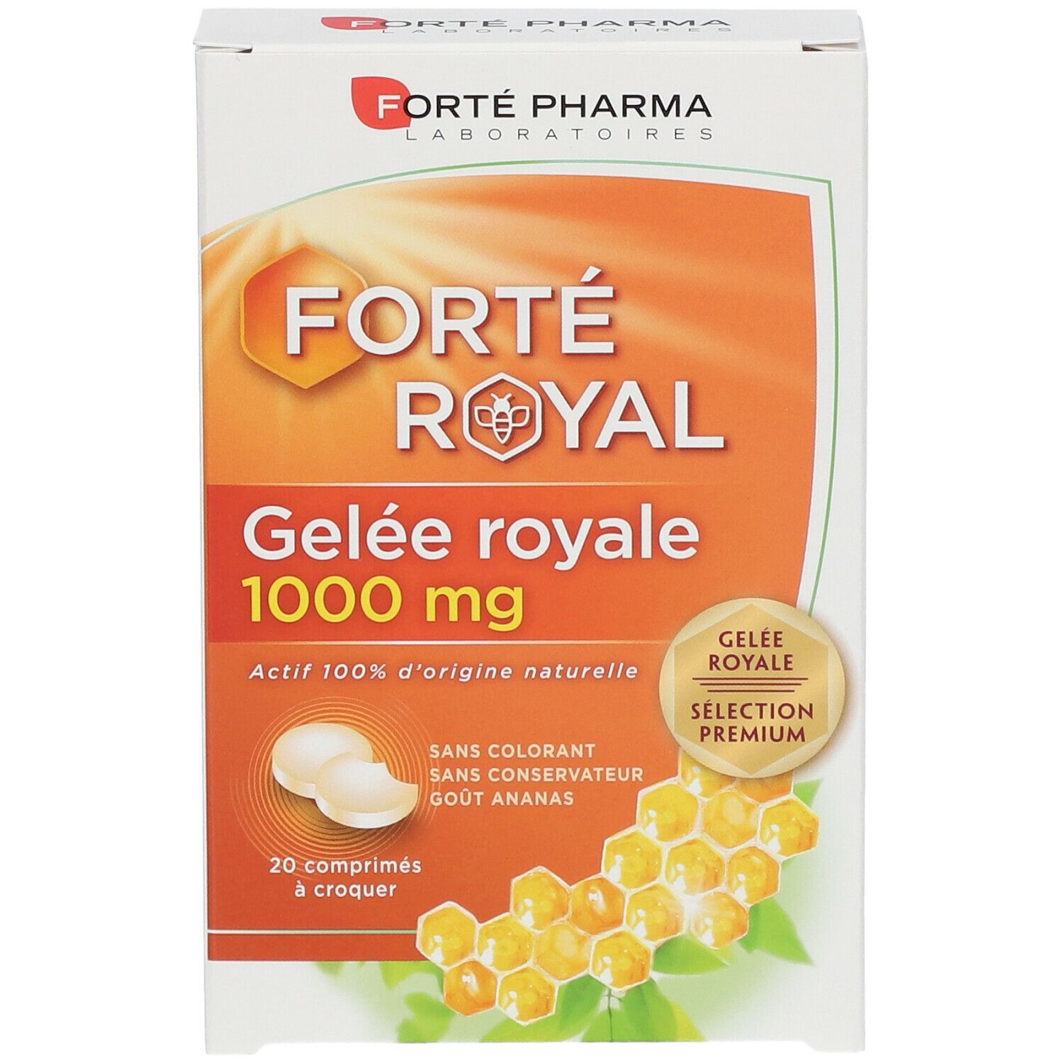 Boîte de Forté Royal Gelée Royale 1000 mg. Contient 20 comprimés. Inscription : "Actif 100% d'origine naturelle".