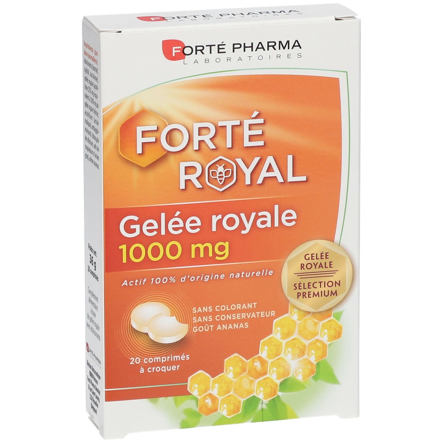 Boîte de Forté Royal Gelée Royale 1000 mg. Contient 20 comprimés. Inscription : "Actif 100% d'origine naturelle".