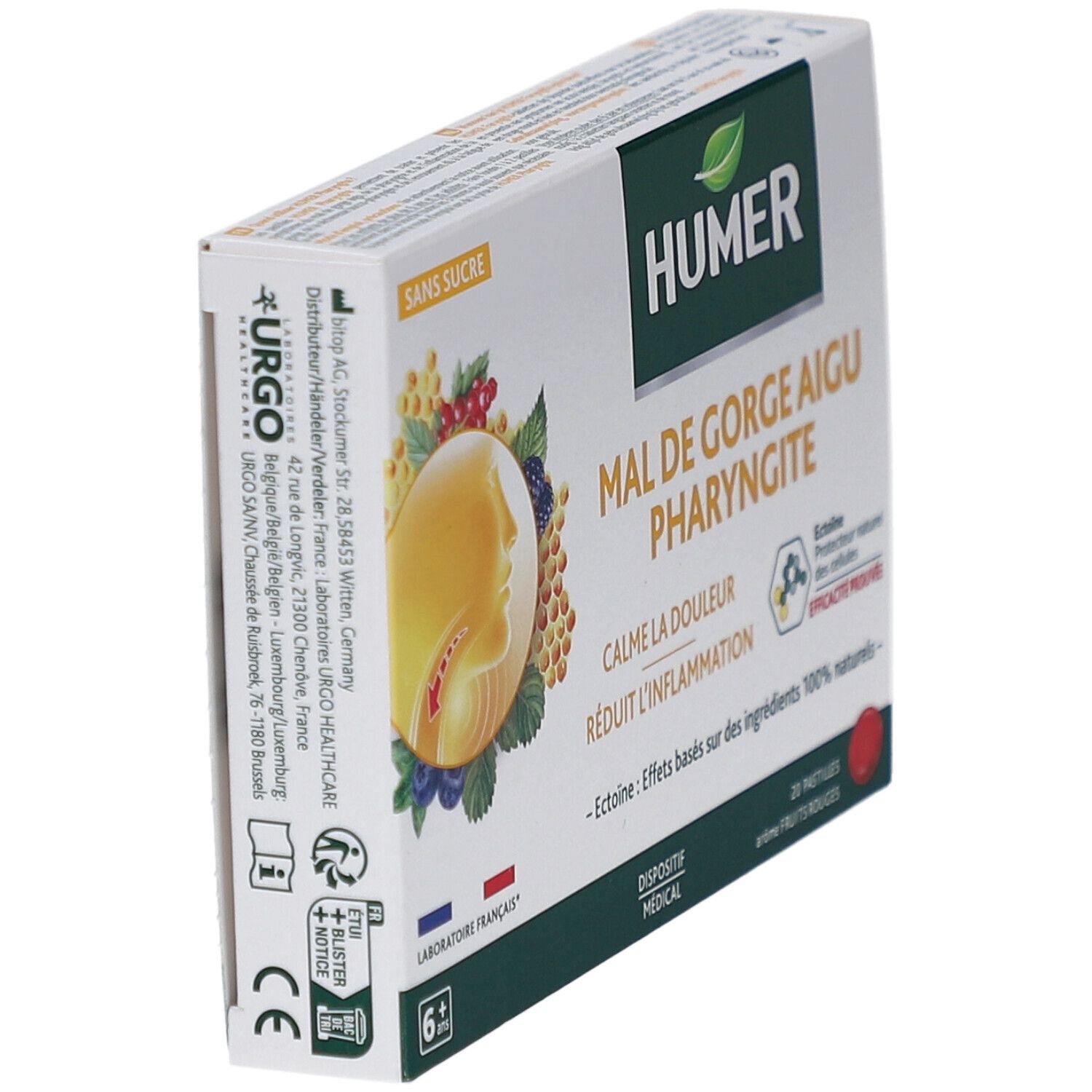 Boîte de HUMER Mal de gorge Aigu Pharyngite. Contient 20 pastilles. Inscription: Sans Sucre, Laboratoire Français, 6+.