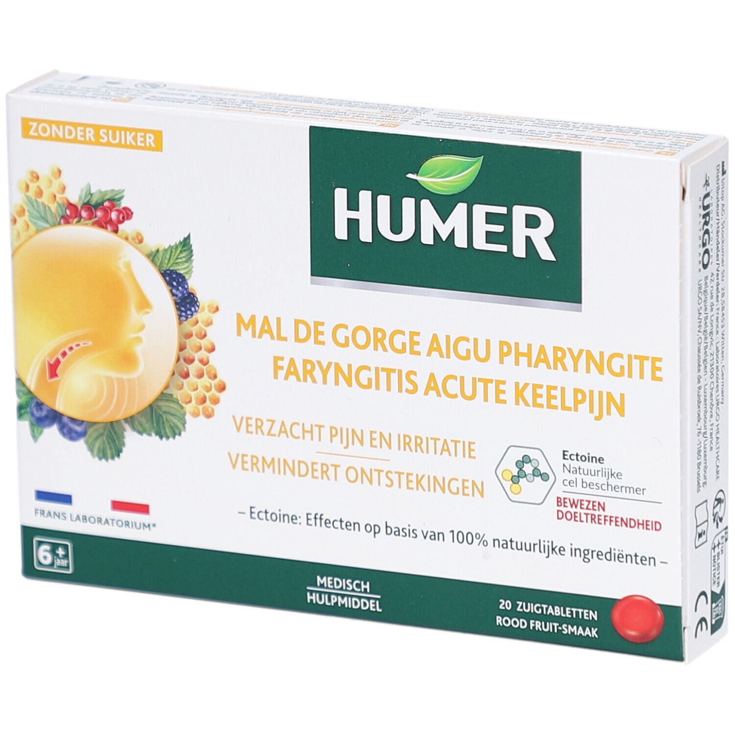 Boîte de HUMER Mal de gorge Aigu Pharyngite. Contient 20 pastilles. Inscription: Zonder Suiker, Medisch Hulpmiddel, 6+.
