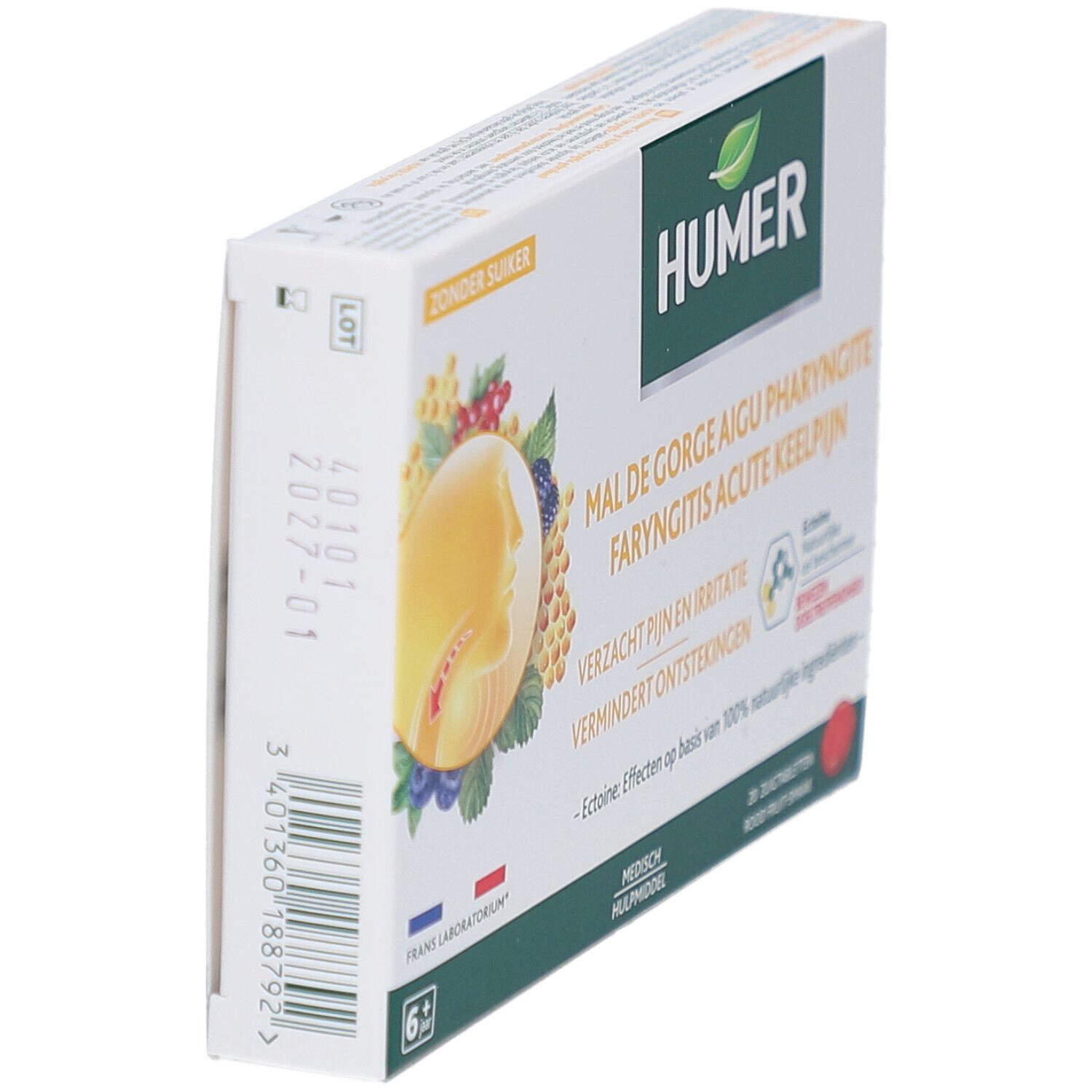 Boîte de HUMER Mal de gorge Aigu Pharyngite. Contient 20 pastilles. Inscription: Zonder Suiker, Medisch Hulpmiddel, 6+.