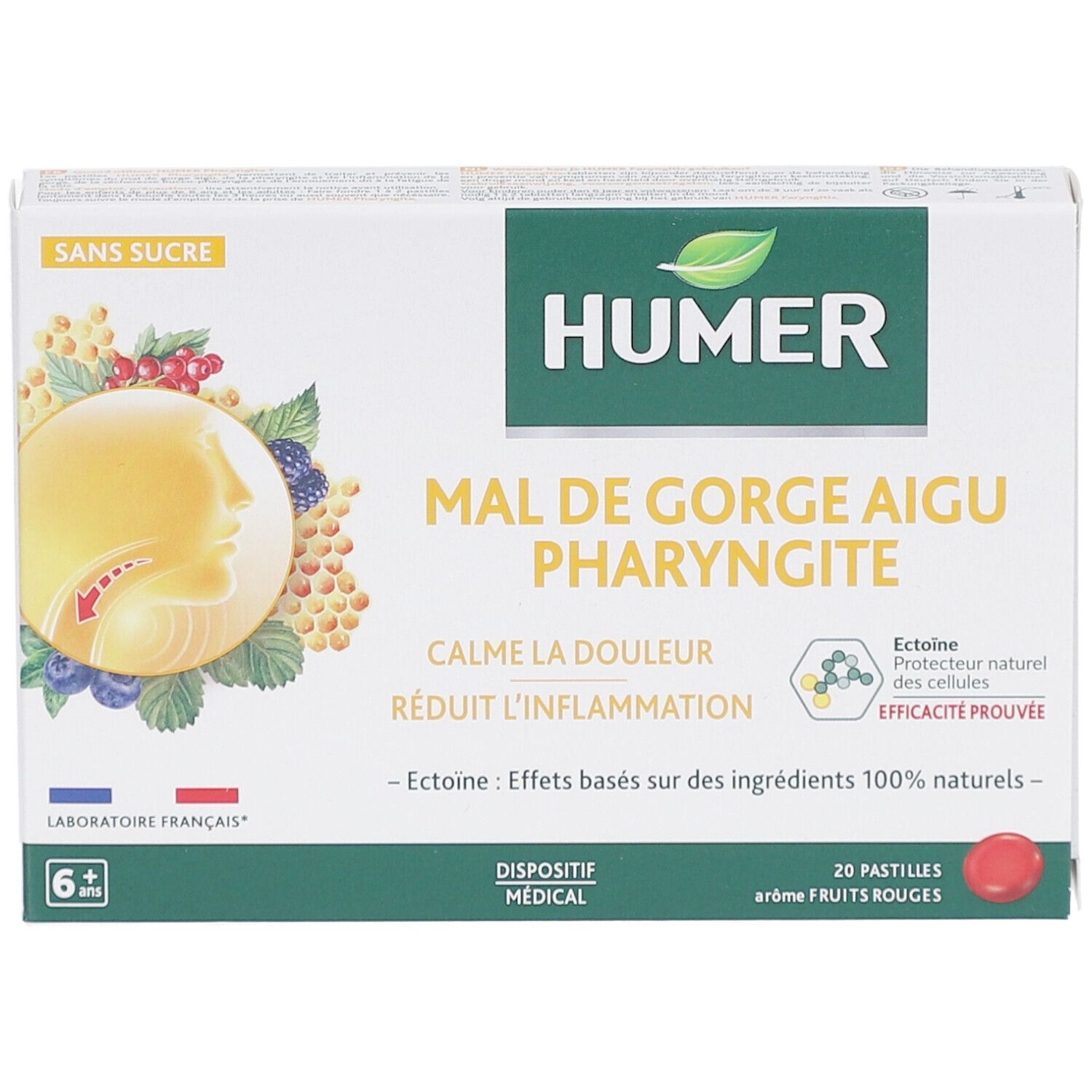 Boîte de HUMER Mal de gorge Aigu Pharyngite. Contient 20 pastilles. Inscription: Sans Sucre, Laboratoire Français, 6+.