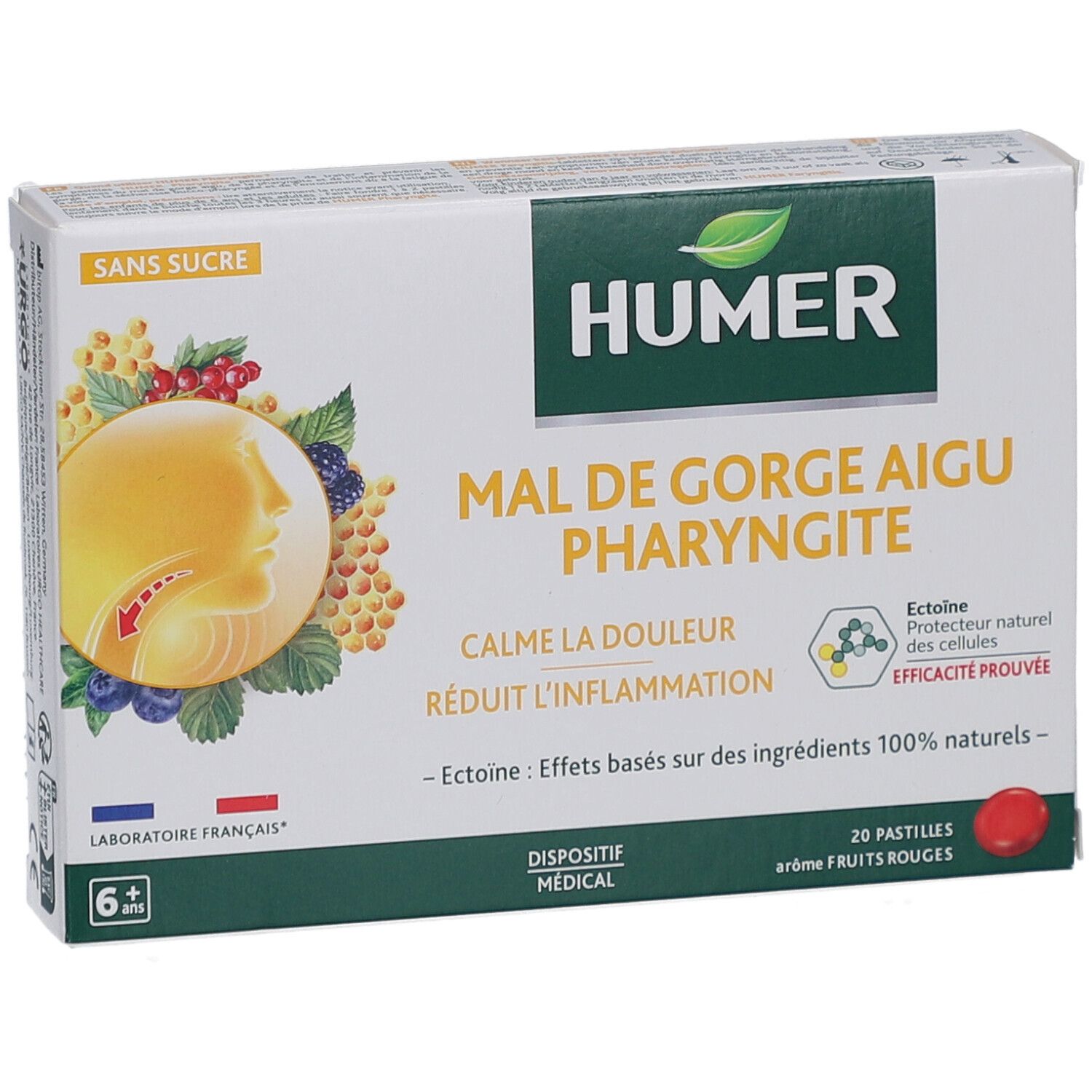 Boîte de HUMER Mal de gorge Aigu Pharyngite. Contient 20 pastilles. Inscription: Sans Sucre, Laboratoire Français, 6+.