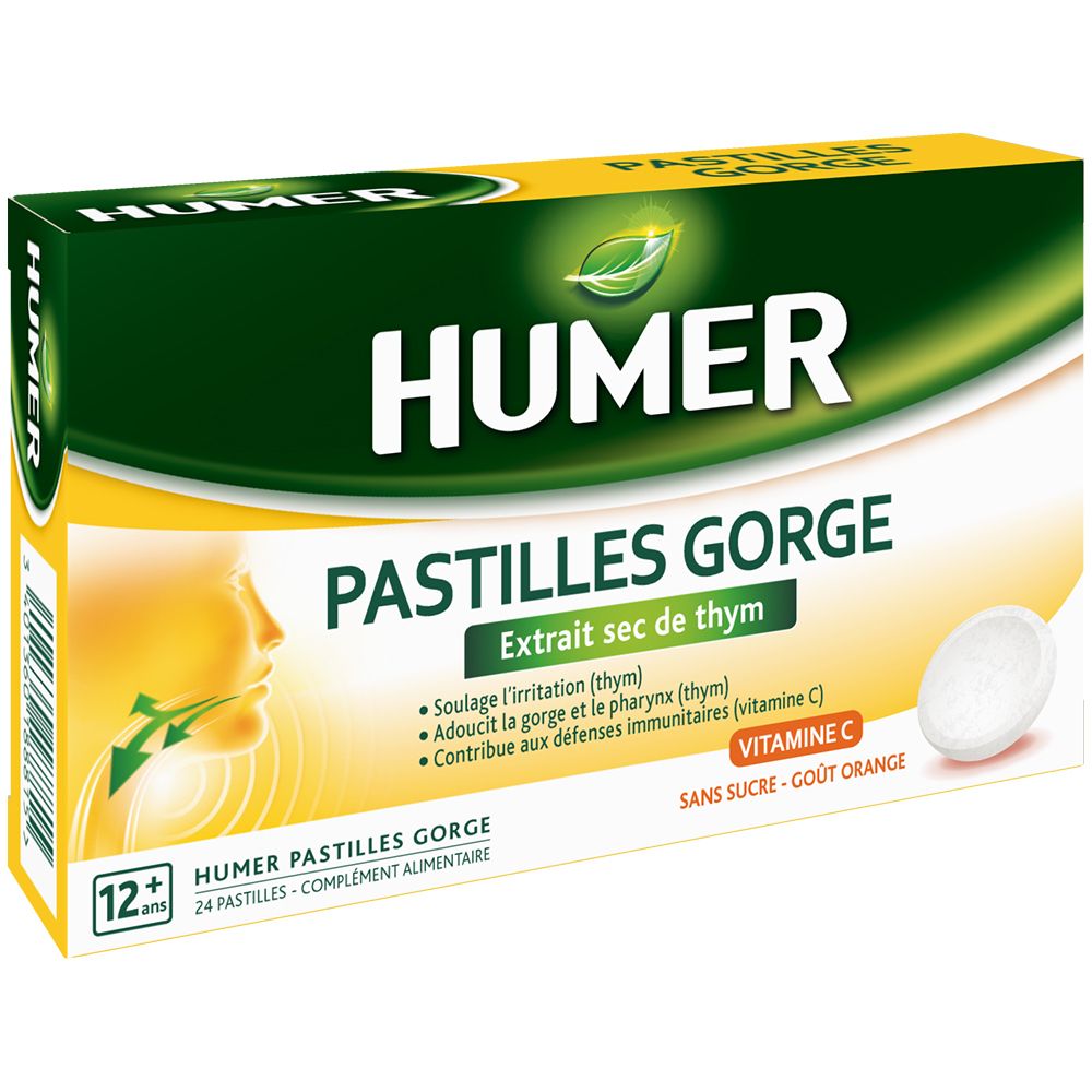Boîte de Pastilles Gorge HUMER. Ingrédients: Extrait sec de thym, vitamine C. 24 pastilles, goût orange. Pour 12 ans et plus.