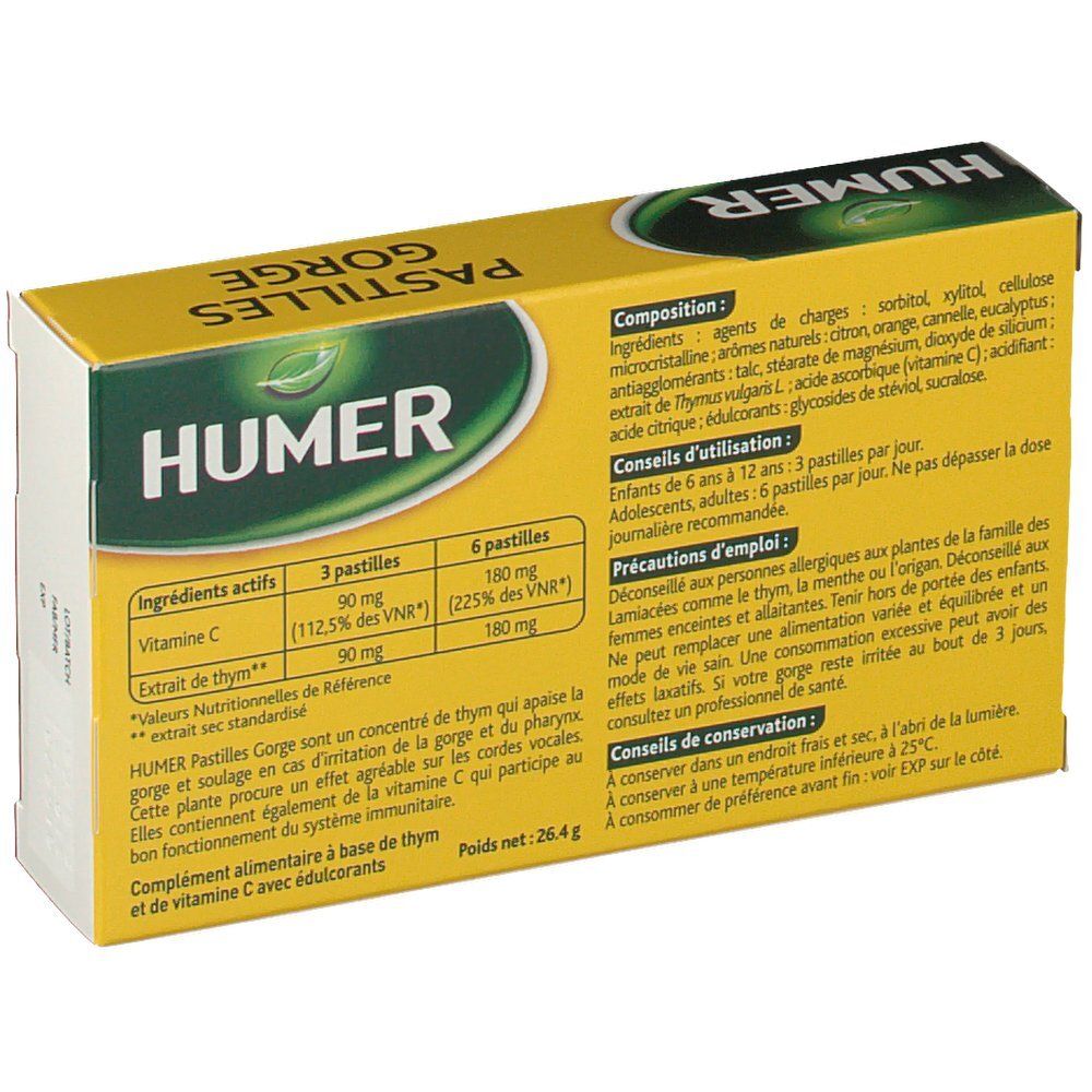 Dos de la boîte HUMER Pastilles Gorge. Informations sur les ingrédients, l'utilisation et les précautions d'emploi.