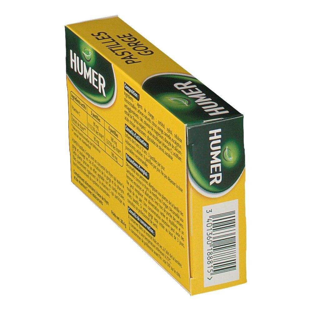 Boîte HUMER Pastilles Gorge en biais. Affiche les ingrédients et la marque. Avec code-barres.