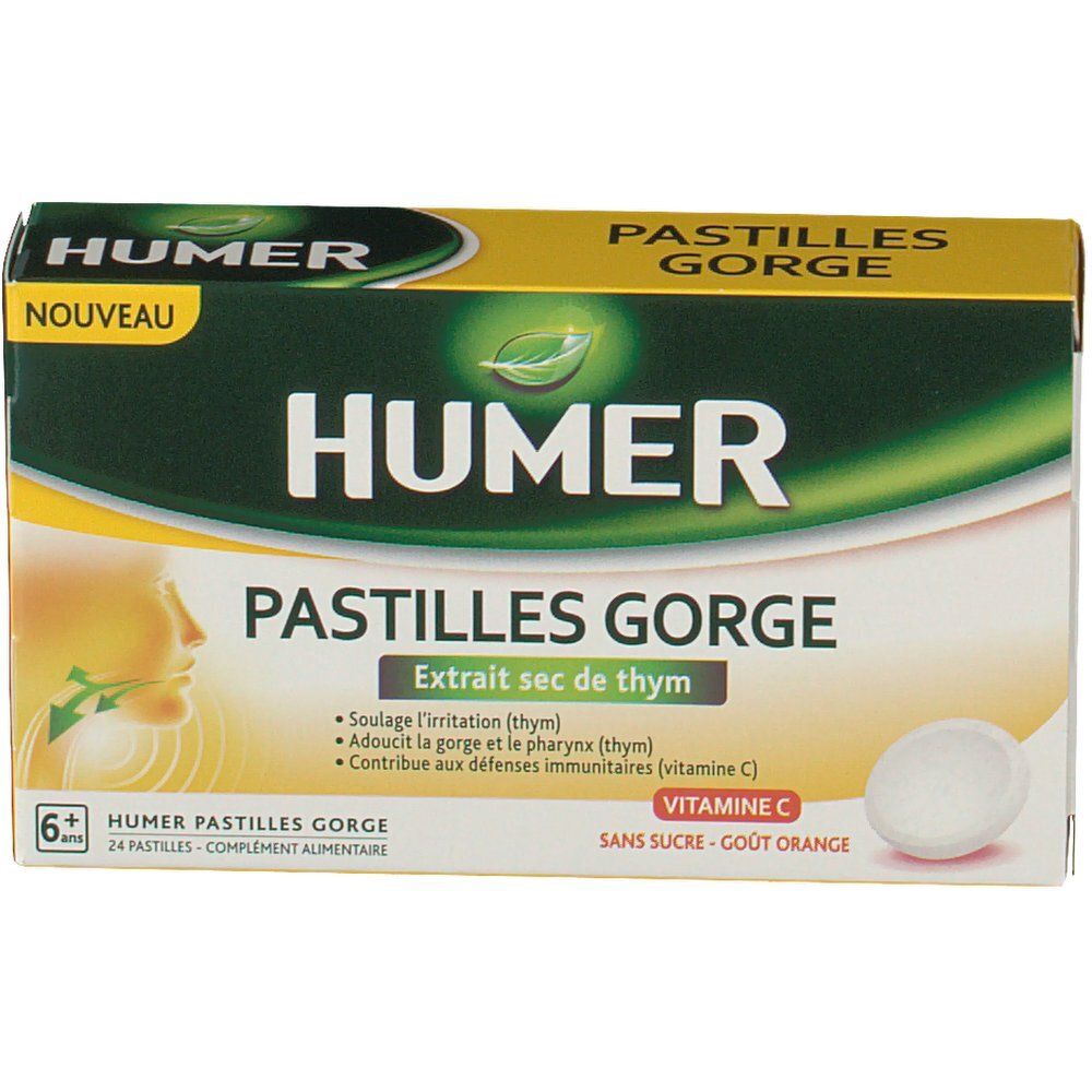 Boîte HUMER Pastilles Gorge. Ingrédients: Extrait sec de thym, vitamine C. 24 pastilles, goût orange. Pour 6 ans et plus.