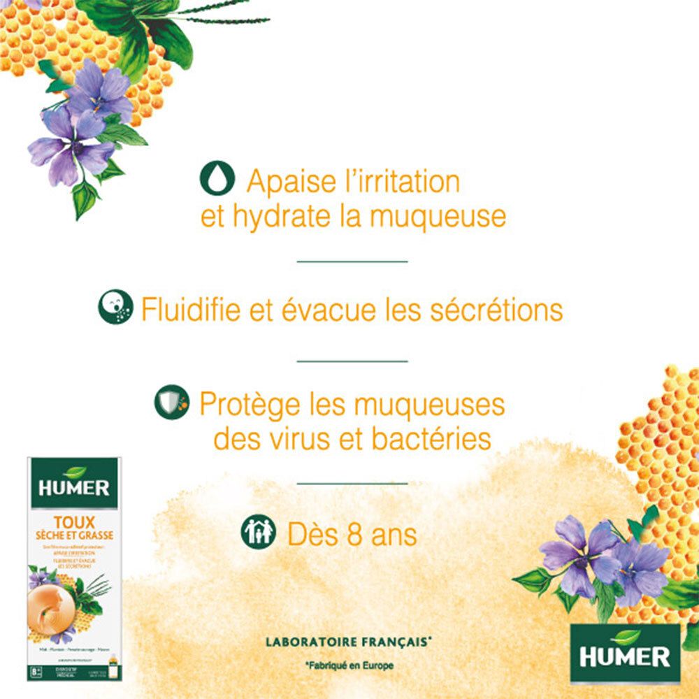 Graphique avec texte. Décrit les effets de HUMER Toux : apaise l'irritation, hydrate la muqueuse, fluidifie et évacue les sécrétions.