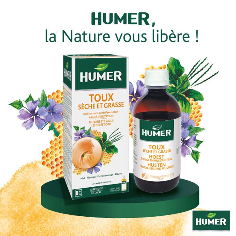 Boîte et flacon HUMER Toux sur socle vert. Inscription : Toux sèche et grasse. HUMER, la Nature vous libère !