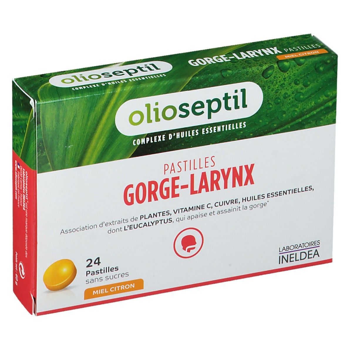 Boîte OLIOSEPTIL Pastilles gorge-larynx. Design vert et blanc, pastille jaune. Texte : Pastilles, GORGE-LARYNX, 24 pastilles, Miel Citron.