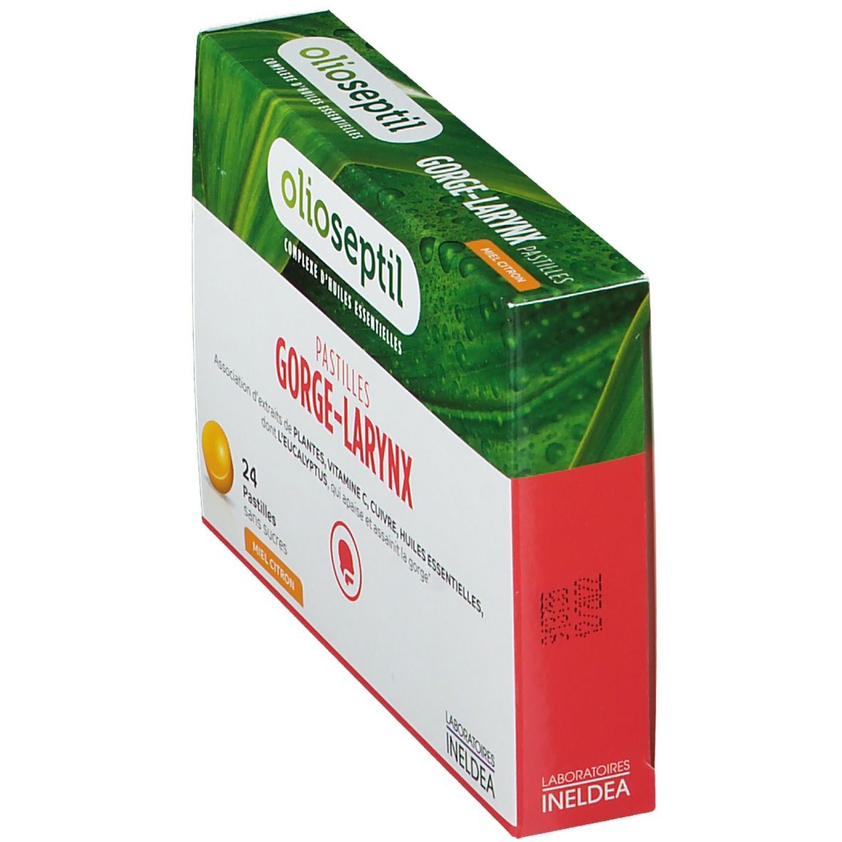 Boîte OLIOSEPTIL Pastilles gorge-larynx. Design vert et blanc, pastille jaune. Texte : Pastilles, GORGE-LARYNX, 24 pastilles, Miel Citron.