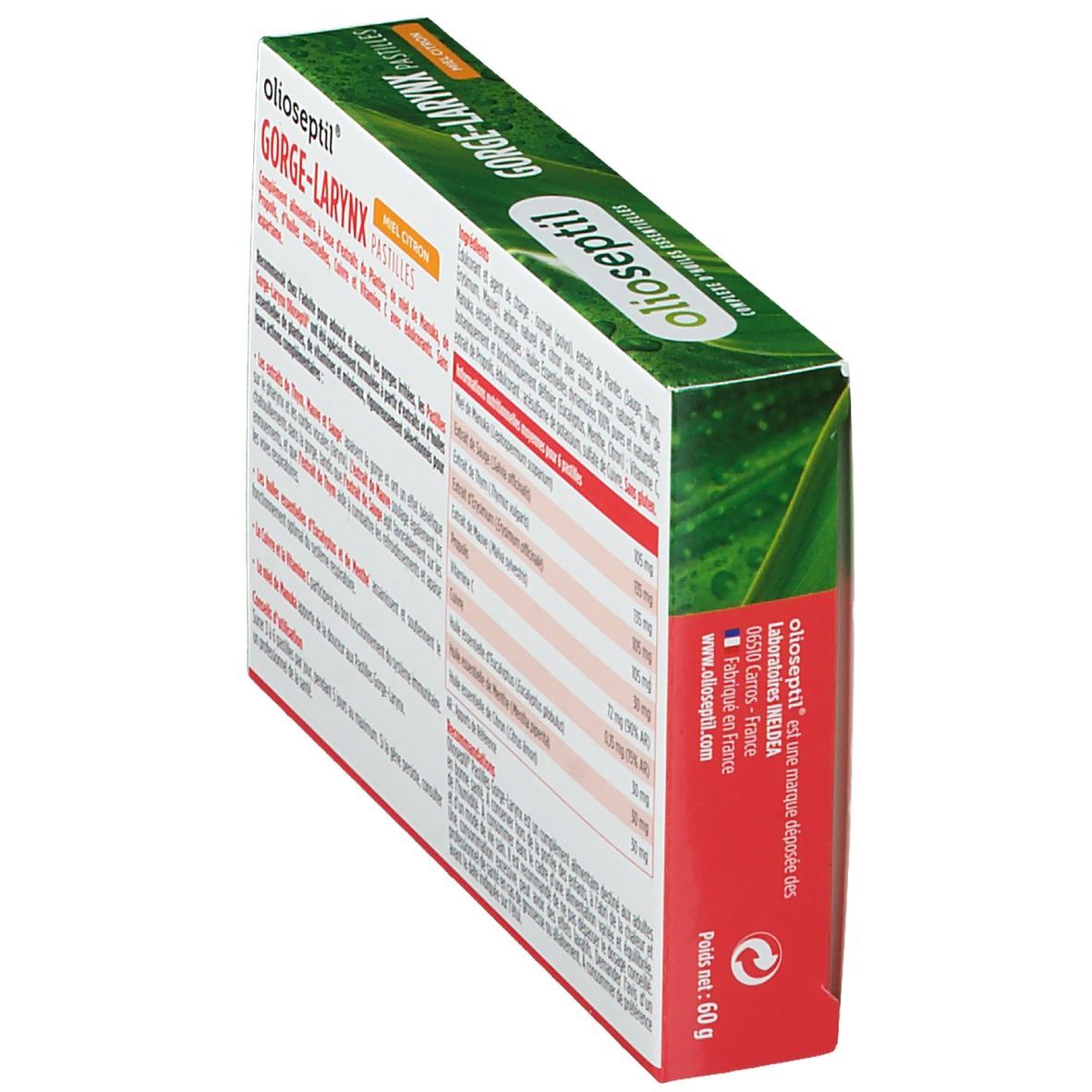 Dos de la boîte OLIOSEPTIL Pastilles gorge-larynx. Texte, ingrédients, informations nutritionnelles, informations fabricant.