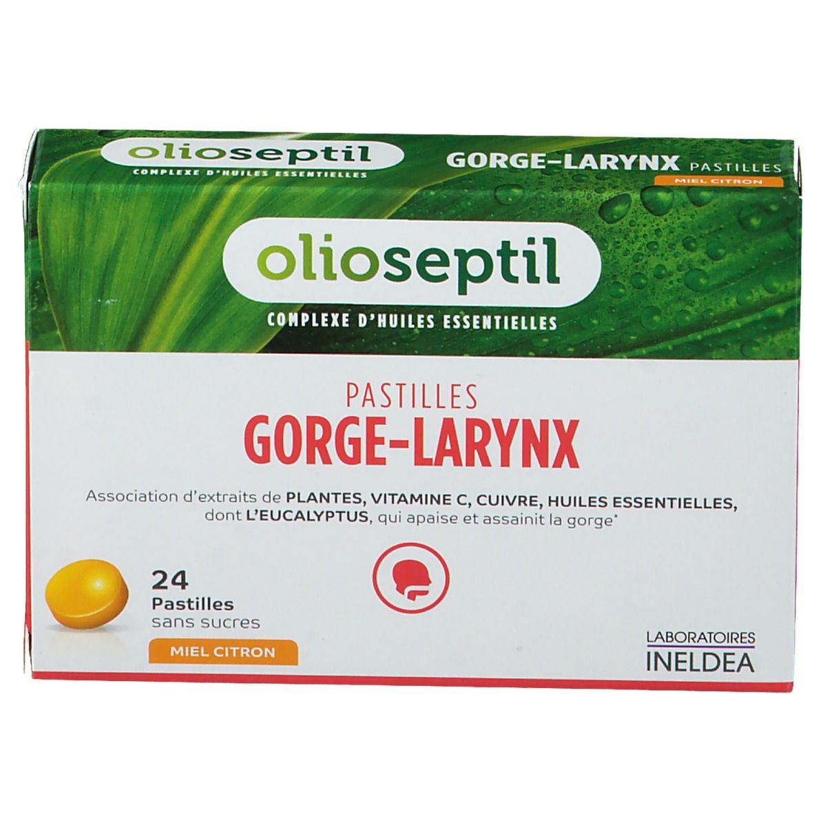 Boîte OLIOSEPTIL Pastilles gorge-larynx. Design vert et blanc, pastille jaune. Texte : Pastilles, GORGE-LARYNX, 24 pastilles, Miel Citron.