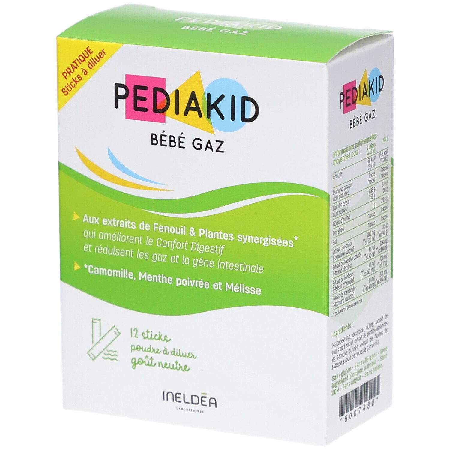 Boîte PEDIAKID Bébé Gaz. 12 sticks. Inscription: Aux extraits de Fenouil & Plantes synergisées.