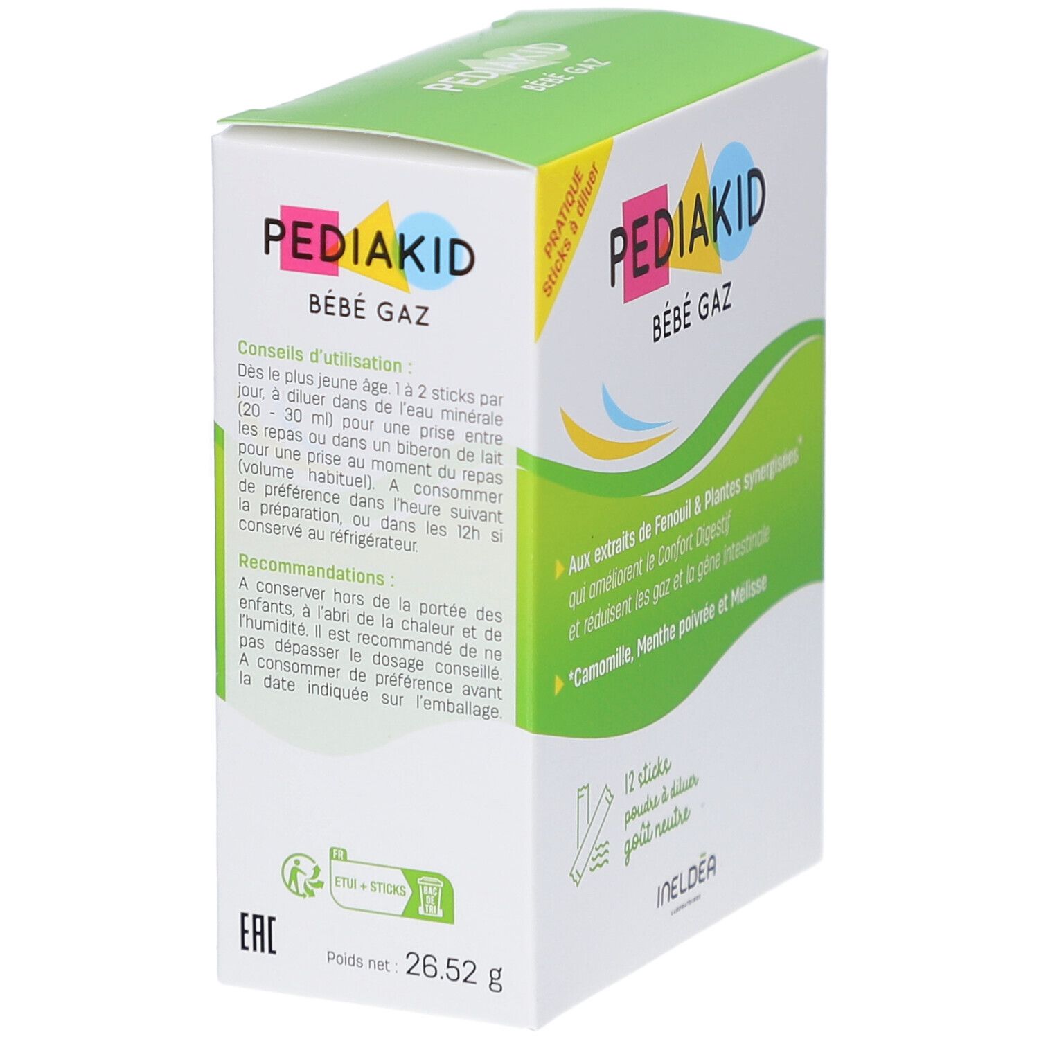 Boîte PEDIAKID Bébé Gaz. Conseils d'utilisation. 12 sticks à diluer. Poids net 26,52 g. Ingrédients : Camomille, Menthe poivrée, Mélisse.