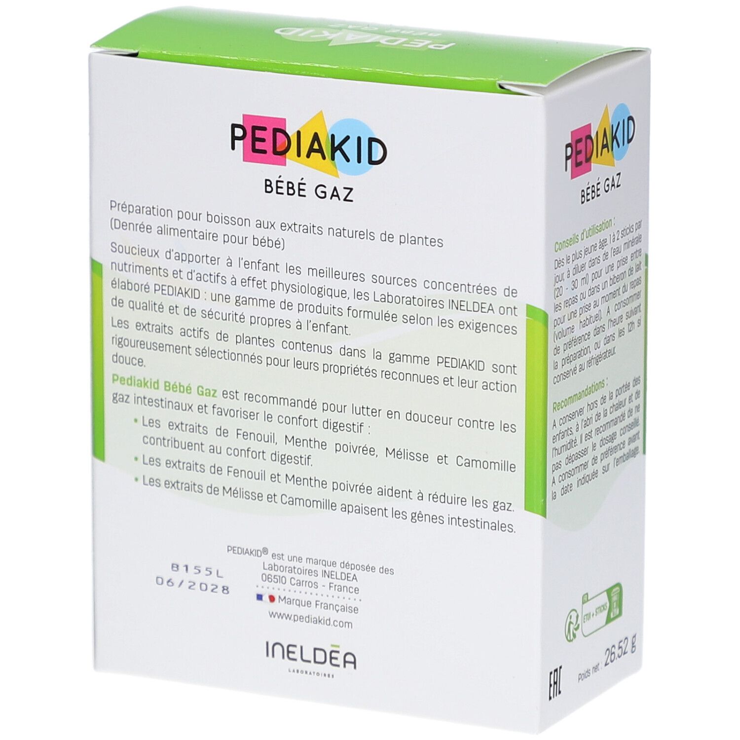 Dos de la boîte PEDIAKID Bébé Gaz. Informations sur la fabrication et les ingrédients. Fabriqué par INELDEA Laboratoires.
