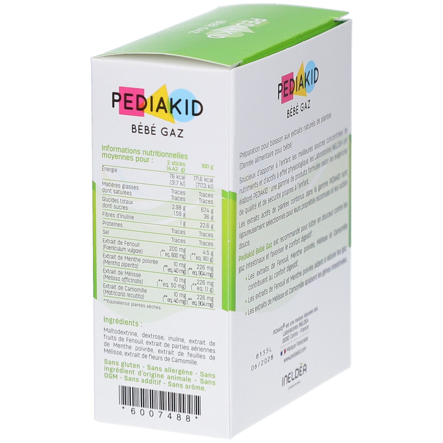 Dos de la boîte PEDIAKID Bébé Gaz. Informations nutritionnelles et ingrédients. Fabriqué par INELDEA Laboratoires.