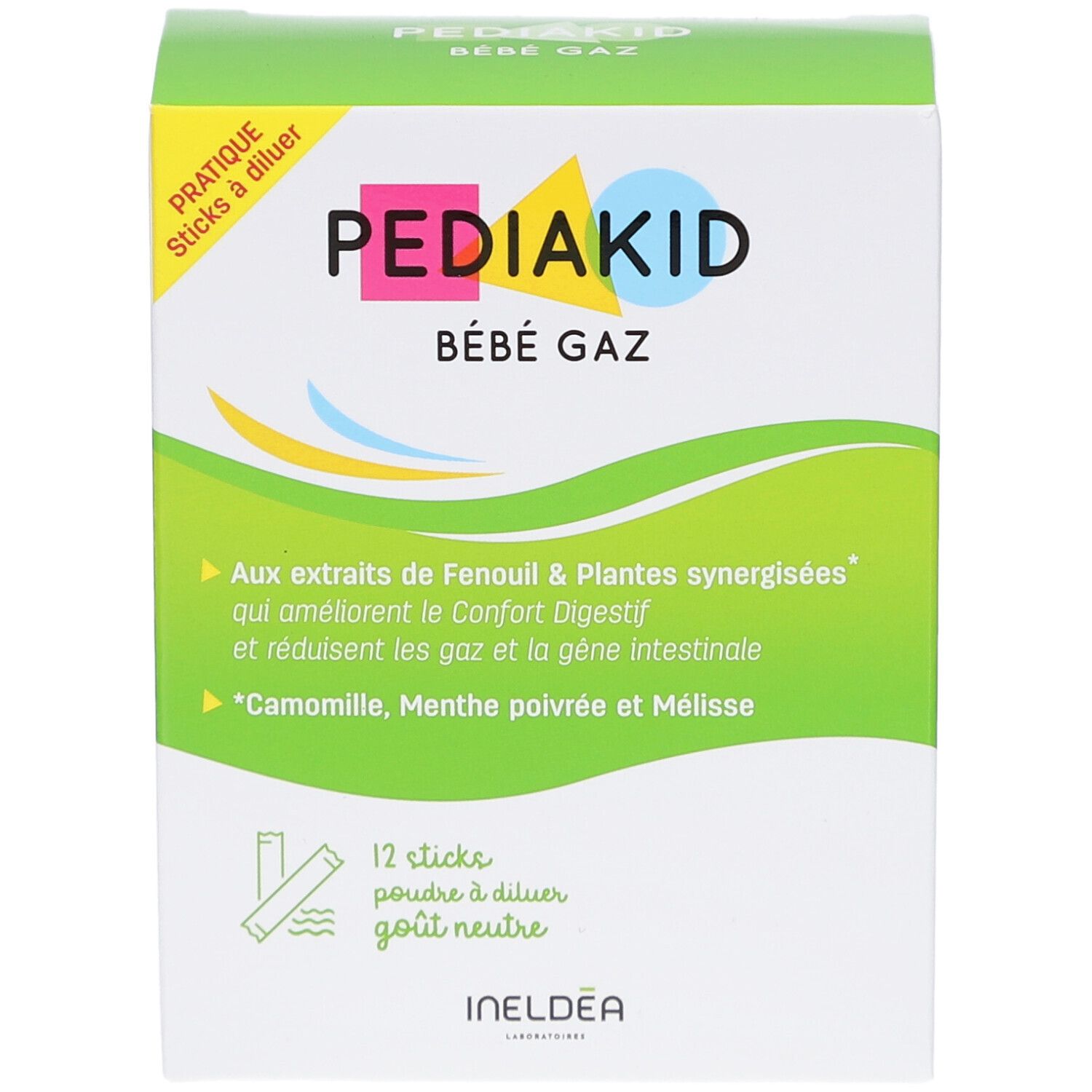 Boîte PEDIAKID Bébé Gaz. 12 sticks à diluer. Extraits de Fenouil & plantes synergisées. Ingrédients : Camomille, Menthe poivrée, Mélisse.