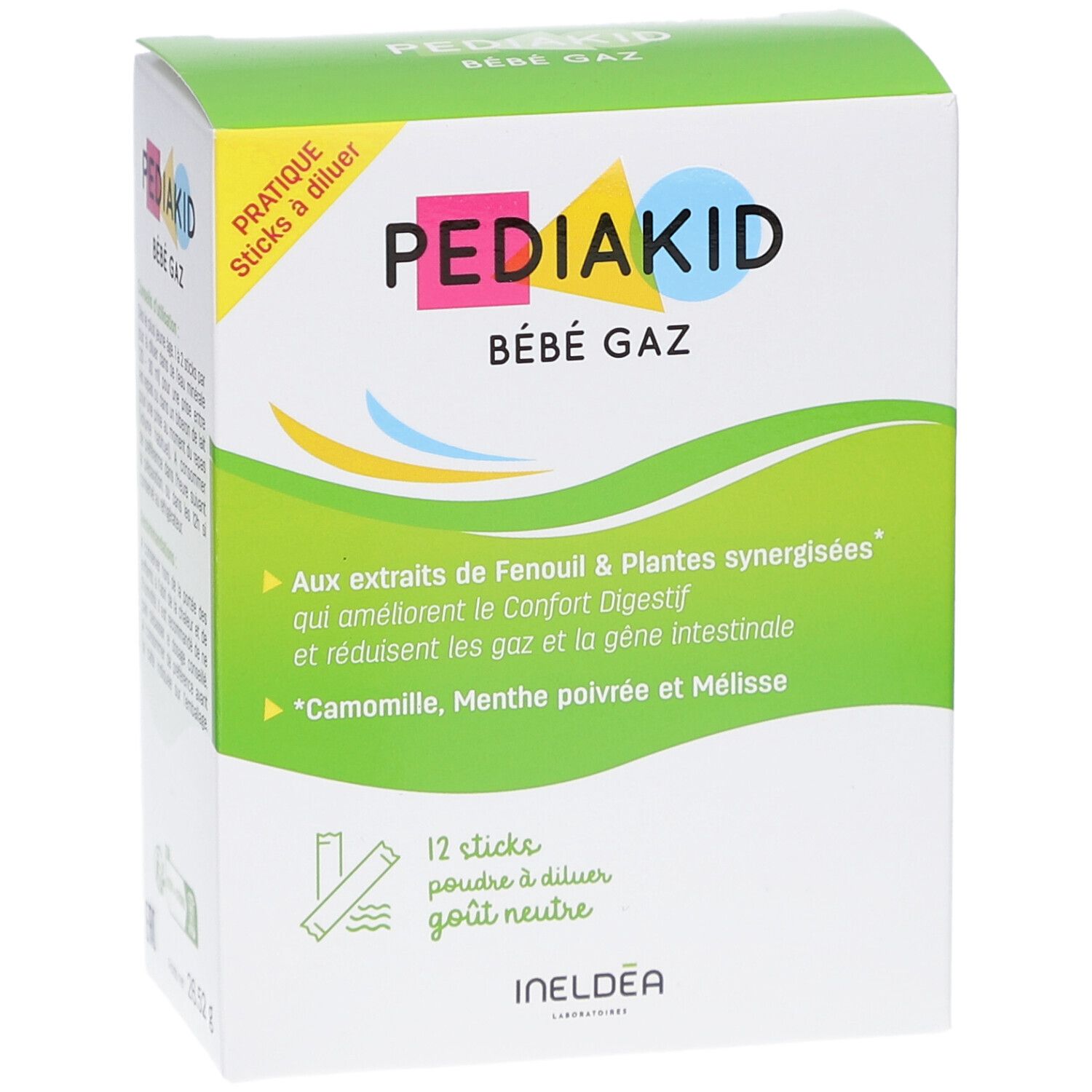 Boîte PEDIAKID Bébé Gaz. 12 sticks à diluer. Extraits de Fenouil & plantes synergisées. Ingrédients : Camomille, Menthe poivrée, Mélisse.