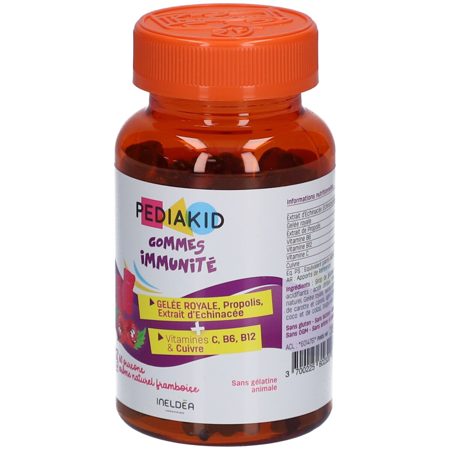 Flacon marron, bouchon orange. Étiquette PEDIAKID Gommes Immunité. 60 gommes. Ingrédients et informations.