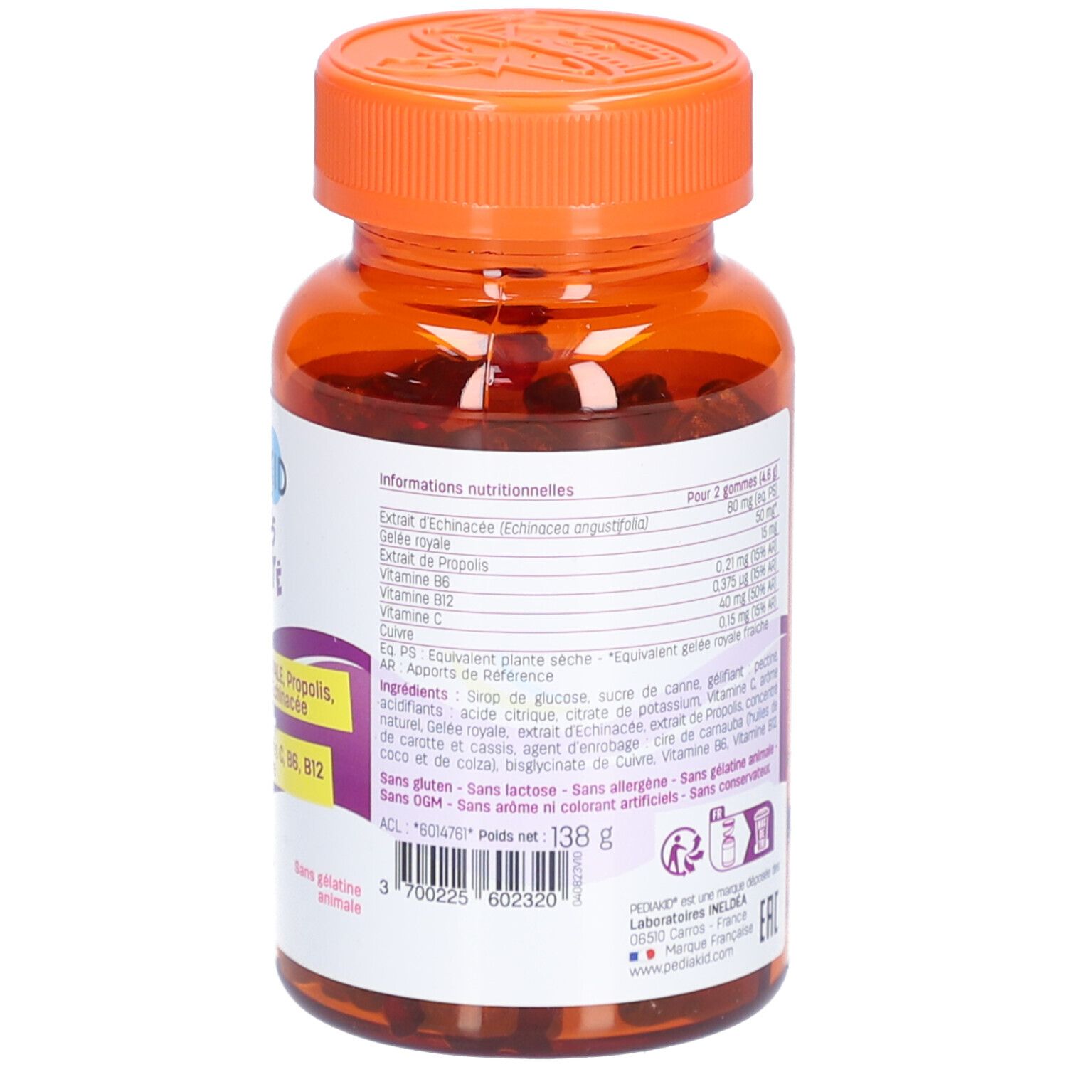 Dos du flacon. Informations PEDIAKID Gommes Immunité. Ingrédients, conseils d'utilisation.