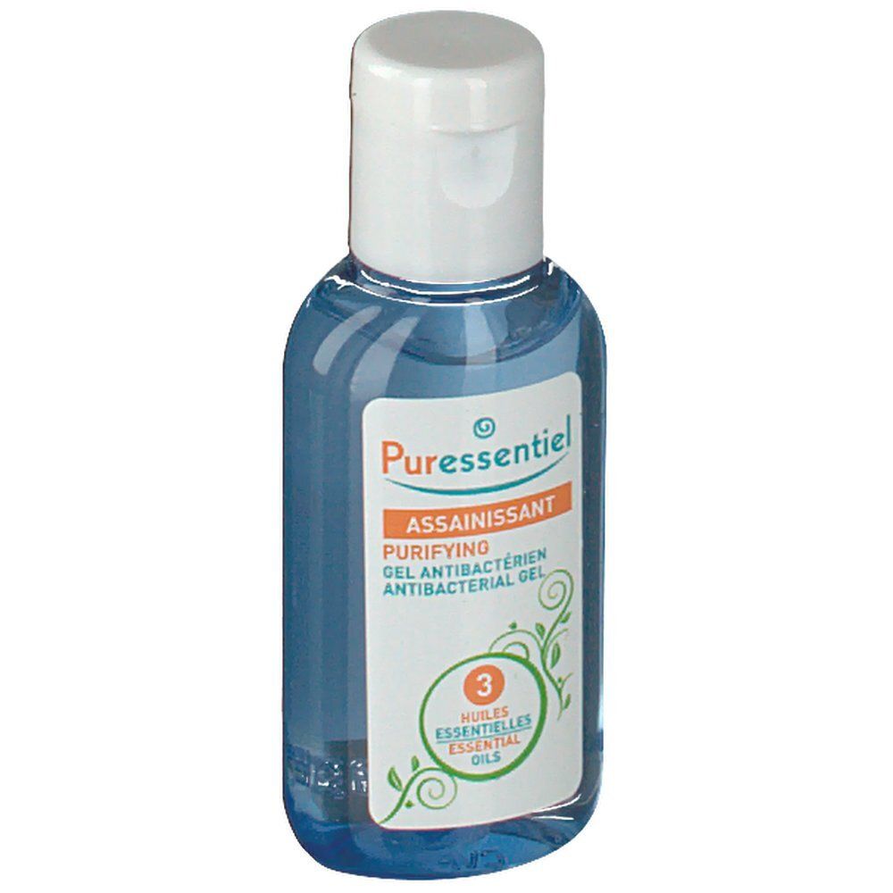 Flacon transparent avec bouchon blanc. Étiquette avec texte: Assainissant, Purifying Gel, Antibacterial Gel. Logo et texte: 3 Huiles Essentielles.