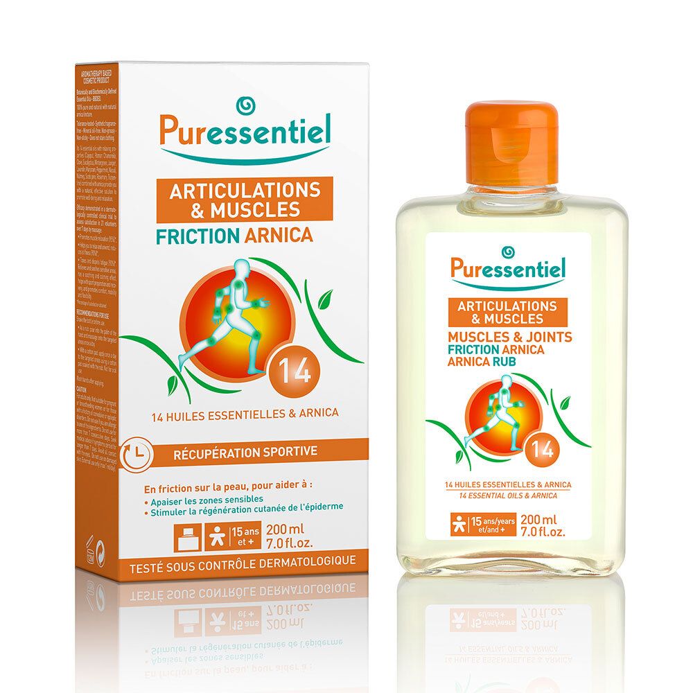 Flacon et boîte Puressentiel. Inscription: Articulations & Muscles, Friction Arnica. 14 huiles essentielles & Arnica. Bouchon orange.