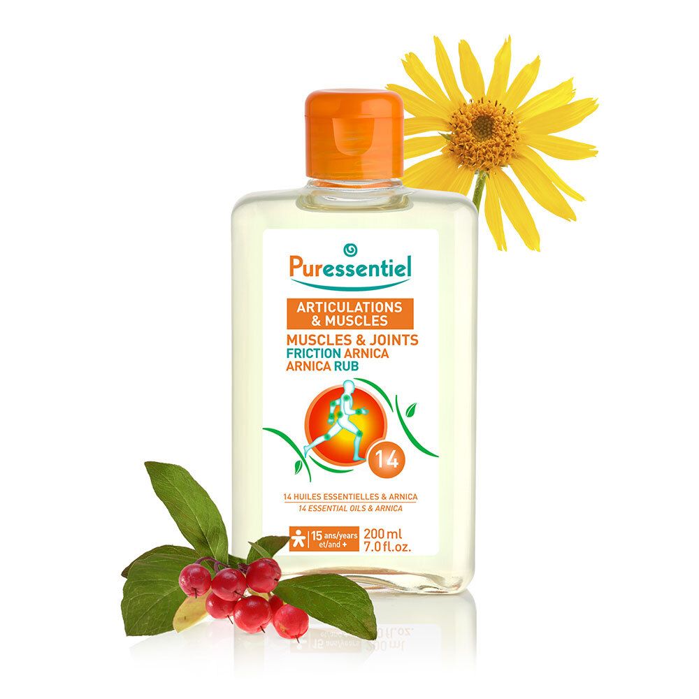 Flacon Puressentiel avec bouchon orange. Inscription: Articulations & Muscles, Friction Arnica. 14 huiles essentielles & Arnica. Avec fleur et baies.