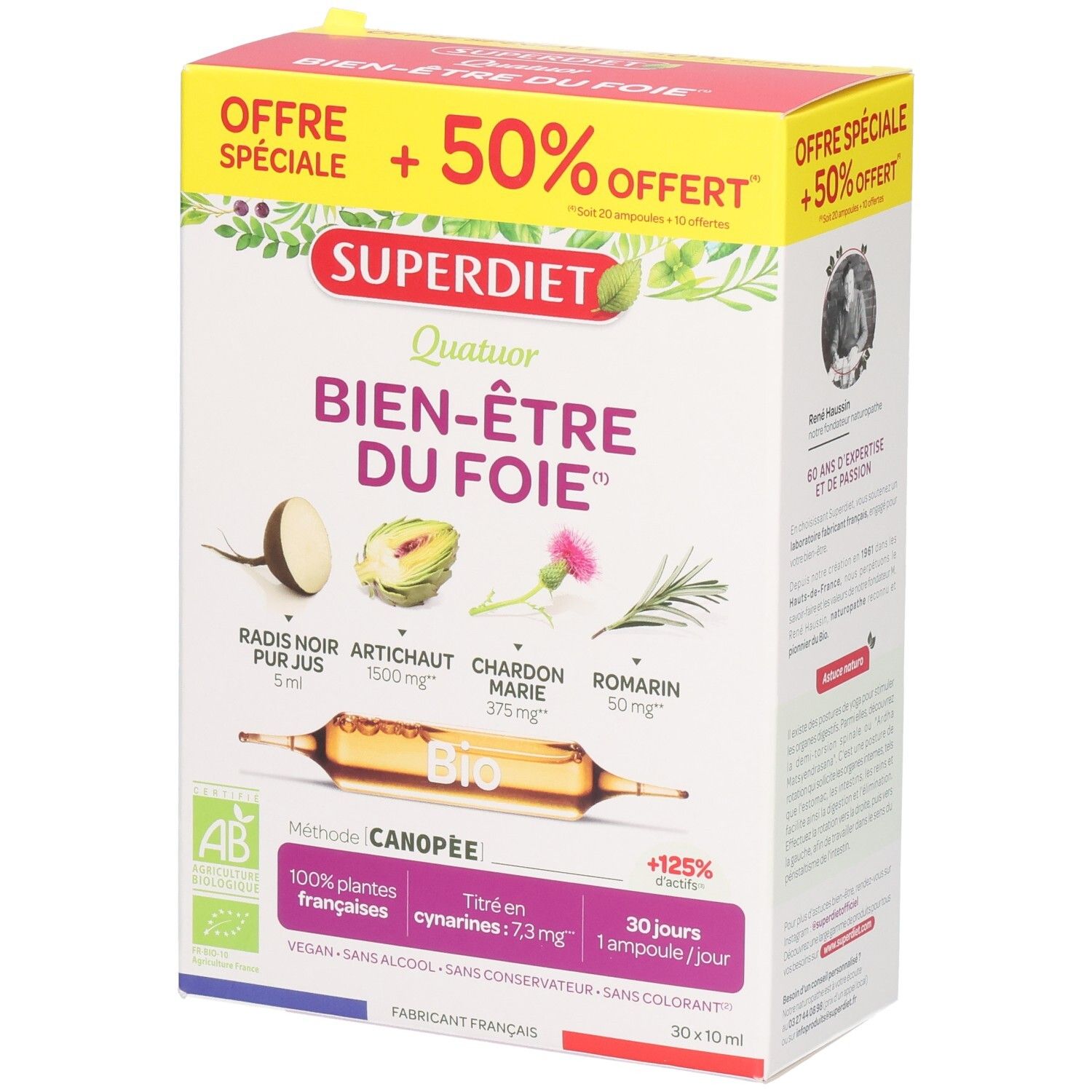 Super Diet Quatuor Radis Noir Artichaut Chardon Marie Romarin boîte de 30 ampoules.