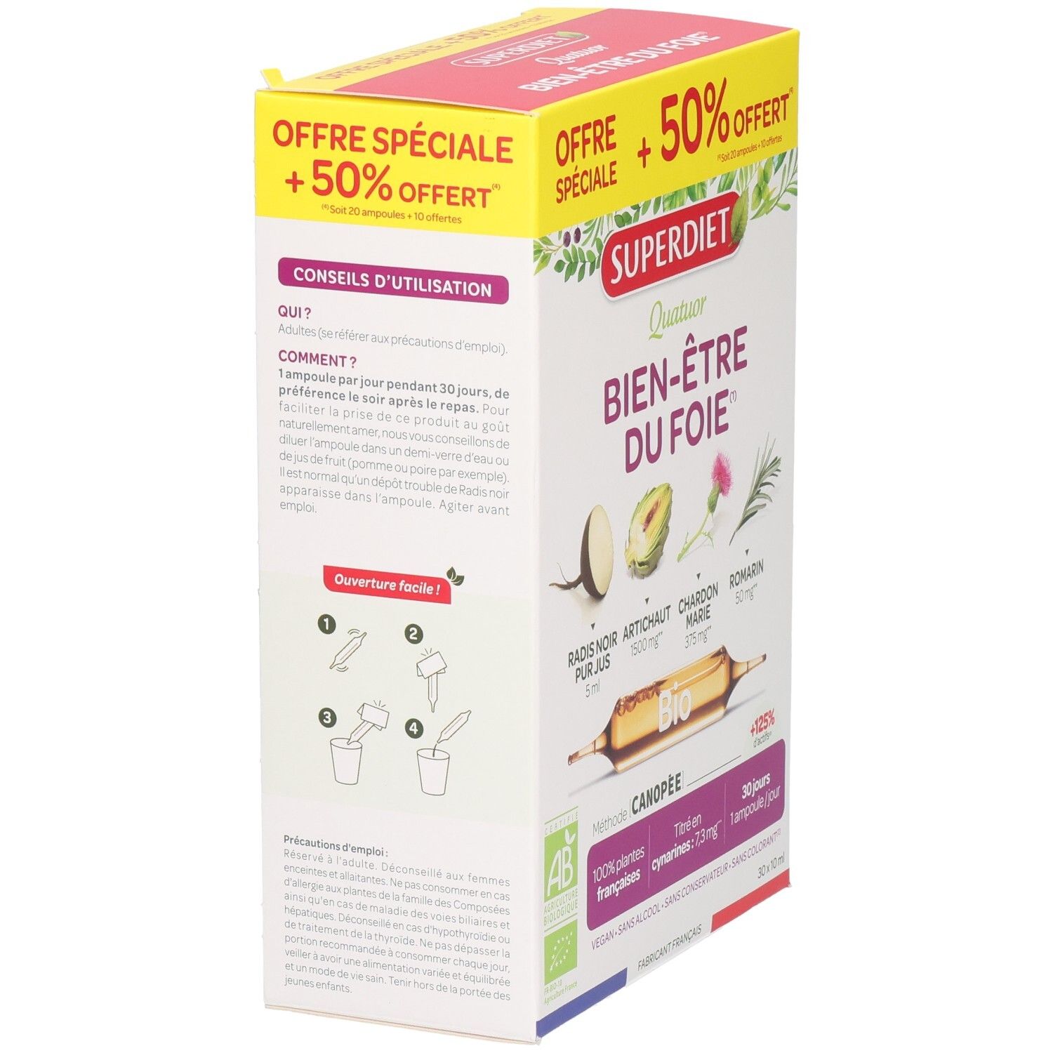 Arrière de la boîte Super Diet Quatuor Radis Noir Artichaut Chardon Marie Romarin avec instructions d'utilisation.