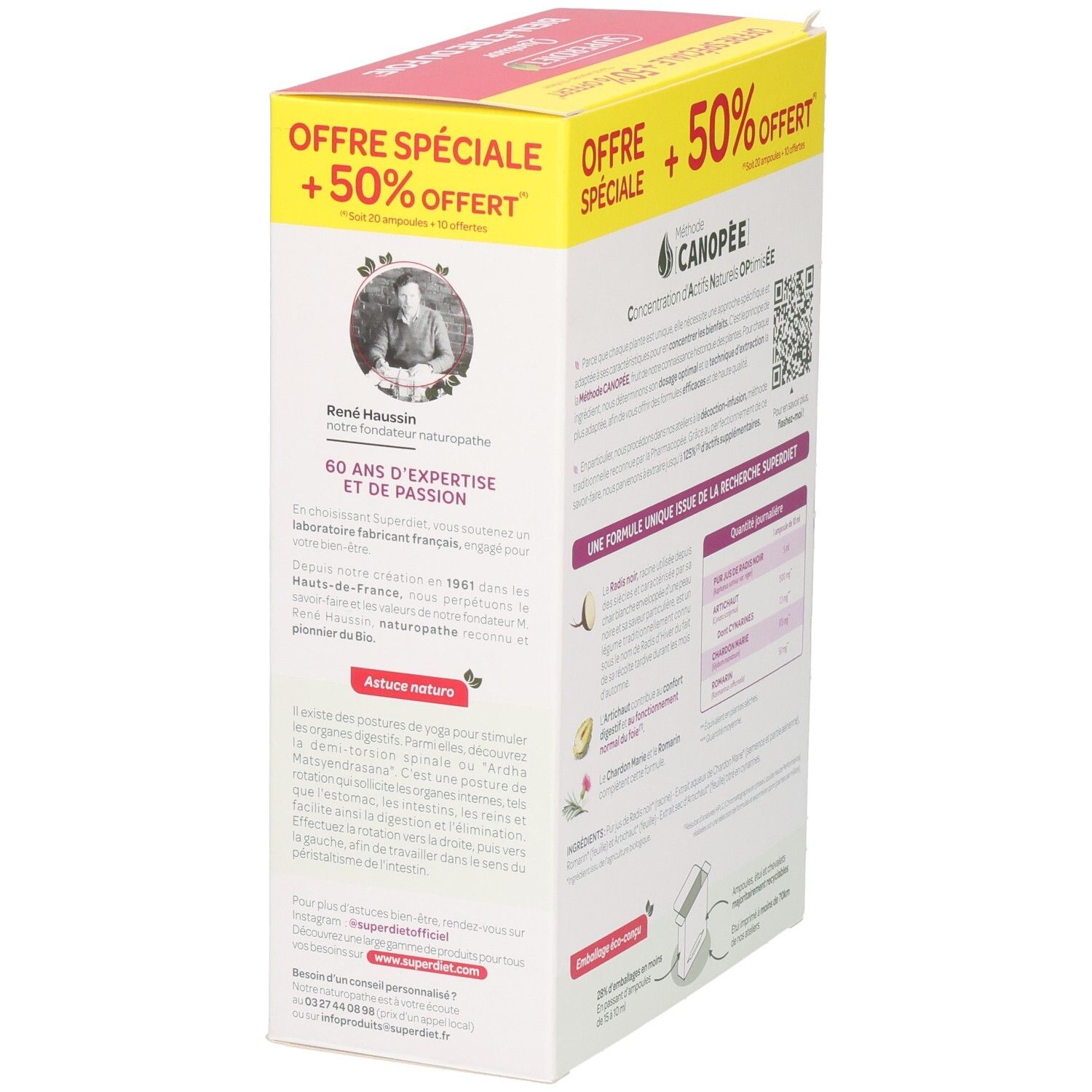 Vue latérale de la boîte Super Diet Quatuor Radis Noir Artichaut Chardon Marie Romarin avec informations fabricant.