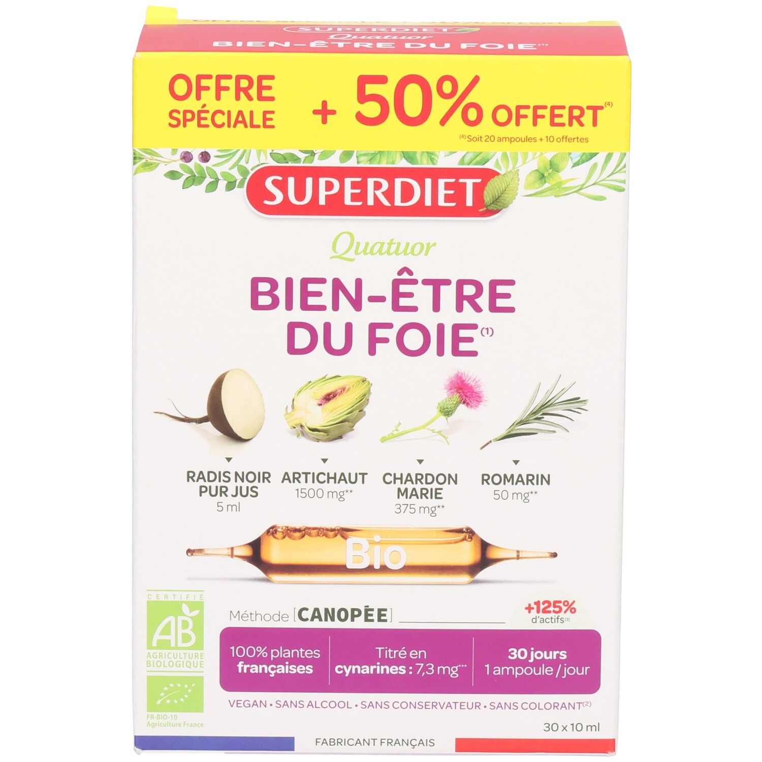 Face avant de la boîte Super Diet Quatuor Radis Noir Artichaut Chardon Marie Romarin avec illustrations des ingrédients.