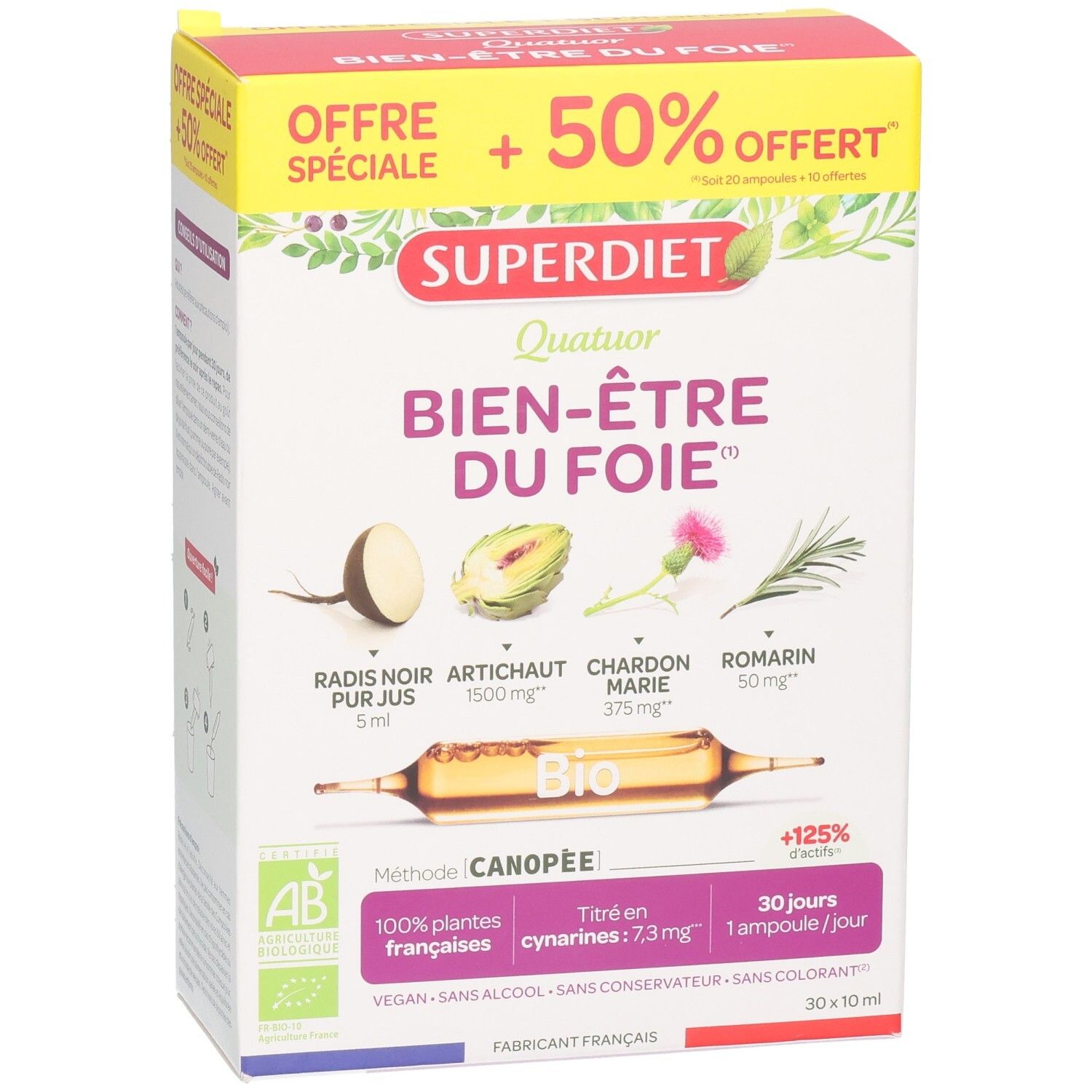 Face avant de la boîte Super Diet Quatuor Radis Noir Artichaut Chardon Marie Romarin avec label Bio et illustration d'une ampoule.