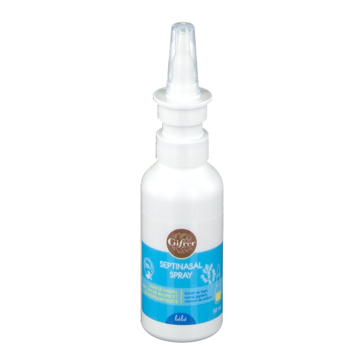 Flacon blanc avec embout spray. Inscription: Septinasal Spray, Gifrer. Étiquettes bleues et jaunes.