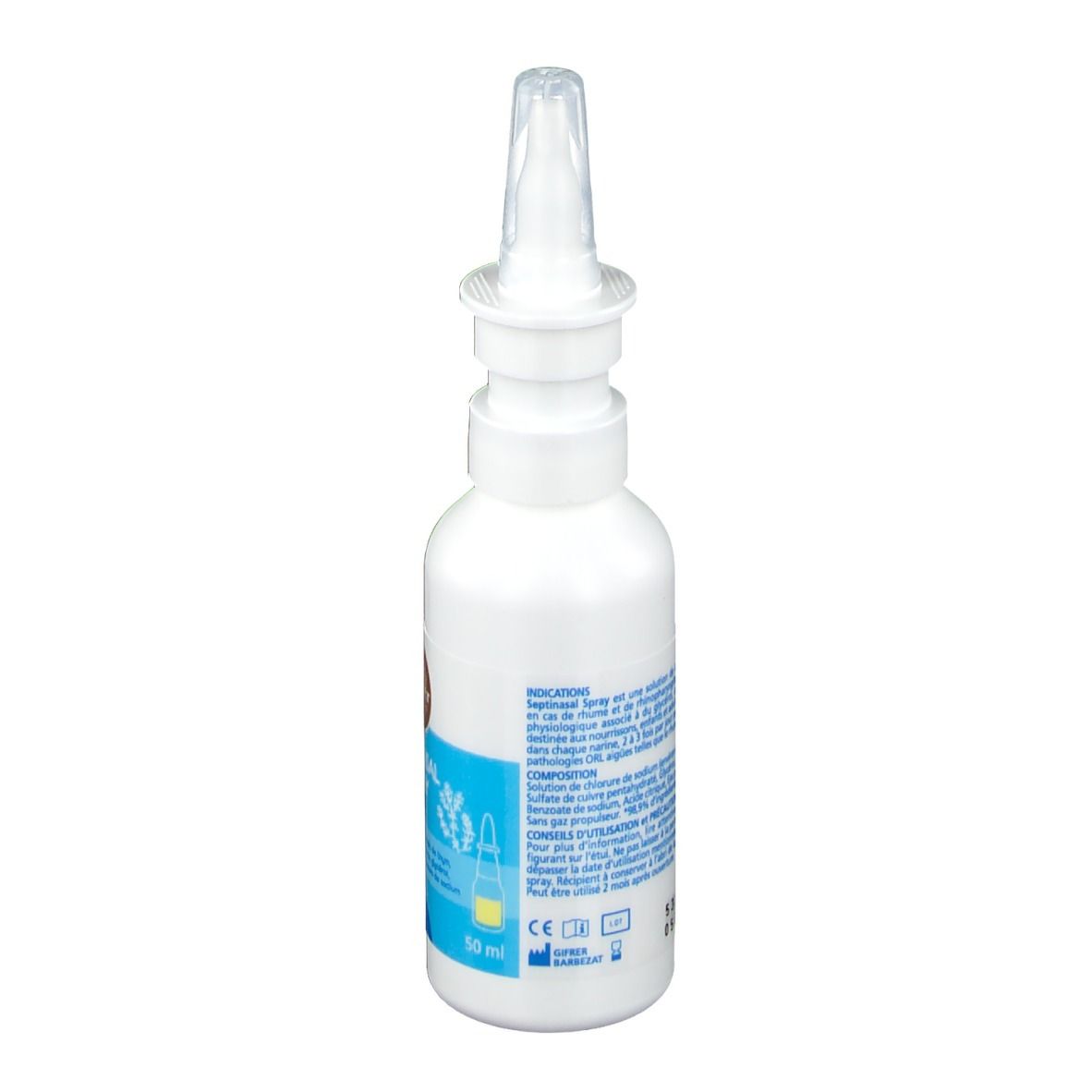 Flacon blanc avec embout spray. Dos avec texte et étiquettes. Marquage CE.