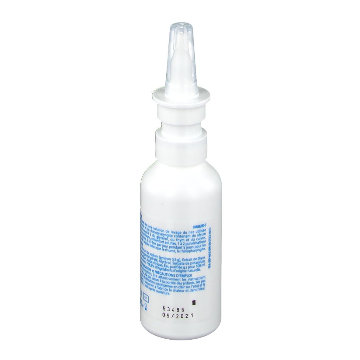 Flacon blanc avec embout spray. Dos avec texte et étiquettes. Date de production.