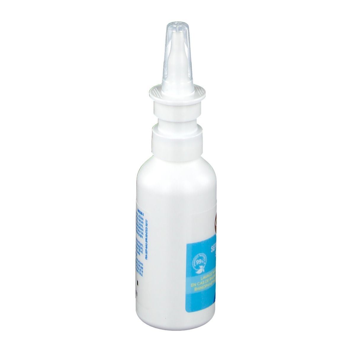 Flacon blanc avec embout spray. Inscription: Septinasal Spray. Étiquettes bleues et jaunes.