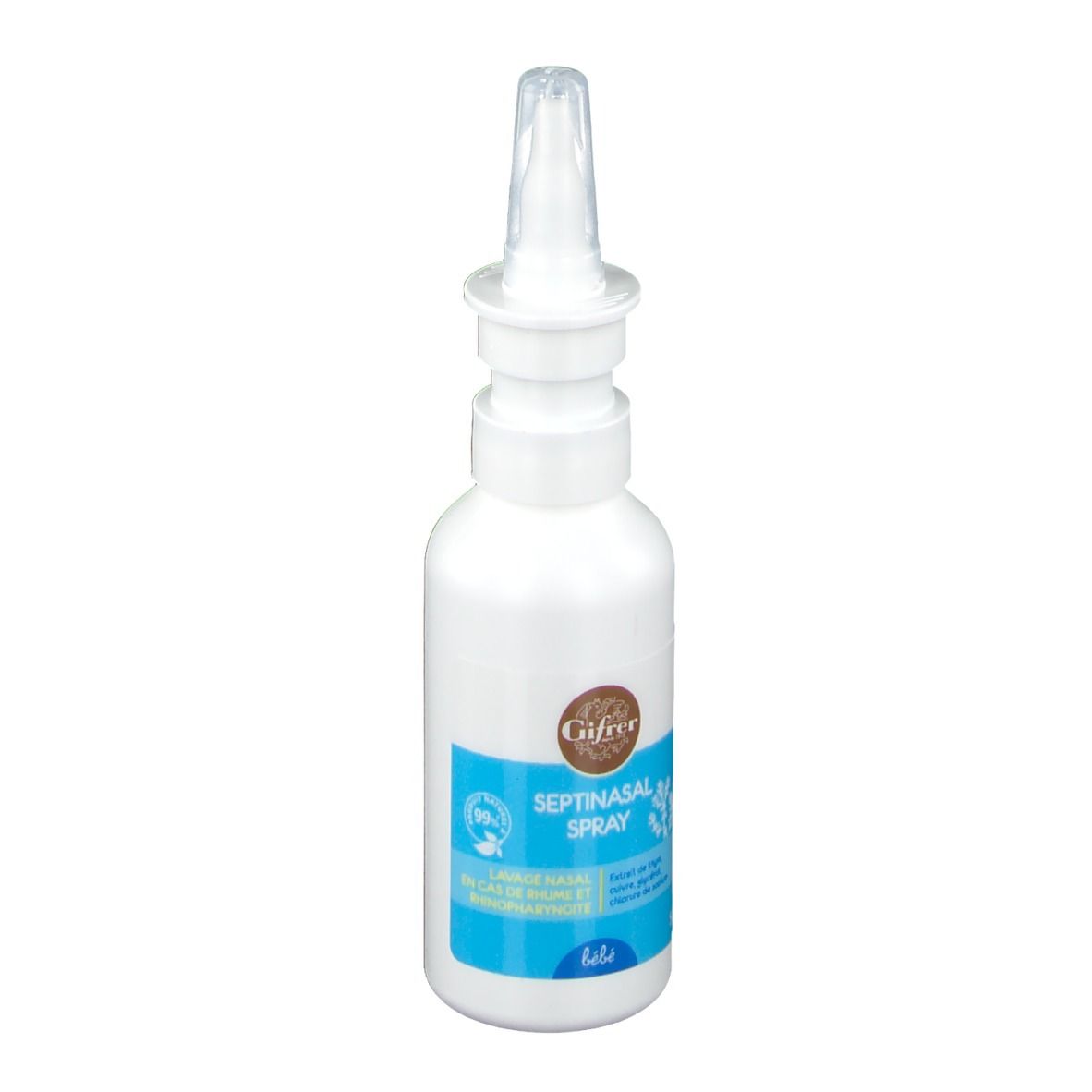 Flacon blanc avec embout spray. Inscription: Septinasal Spray, Gifrer. Étiquettes bleues et jaunes.