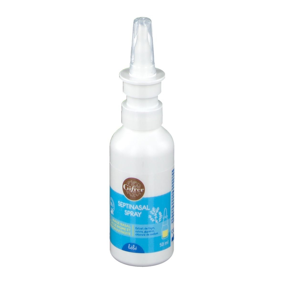 Flacon blanc avec embout spray. Inscription: Septinasal Spray, Gifrer. Étiquettes bleues et jaunes.