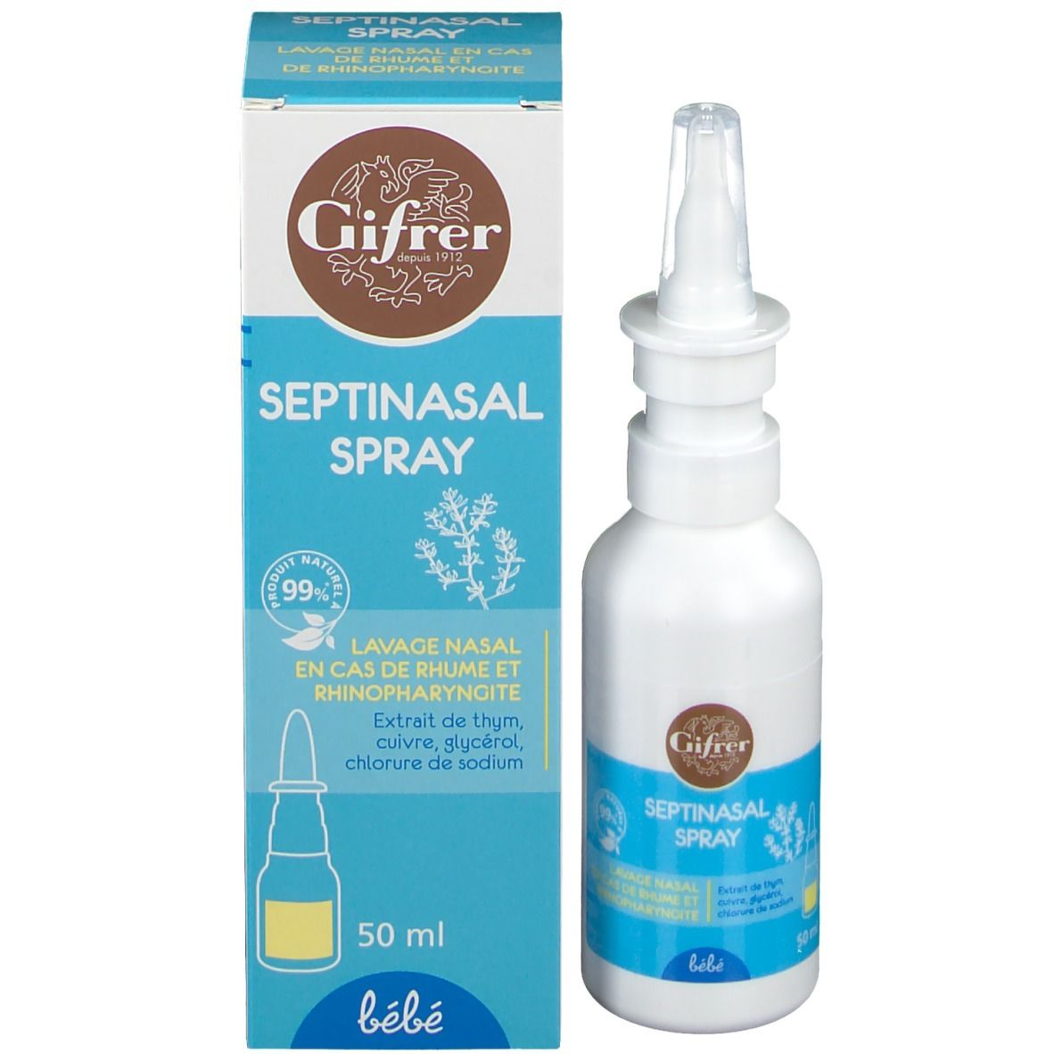 Emballage du produit avec flacon et embout spray. Inscription: Septinasal Spray, Gifrer. Étiquettes bleues et jaunes.