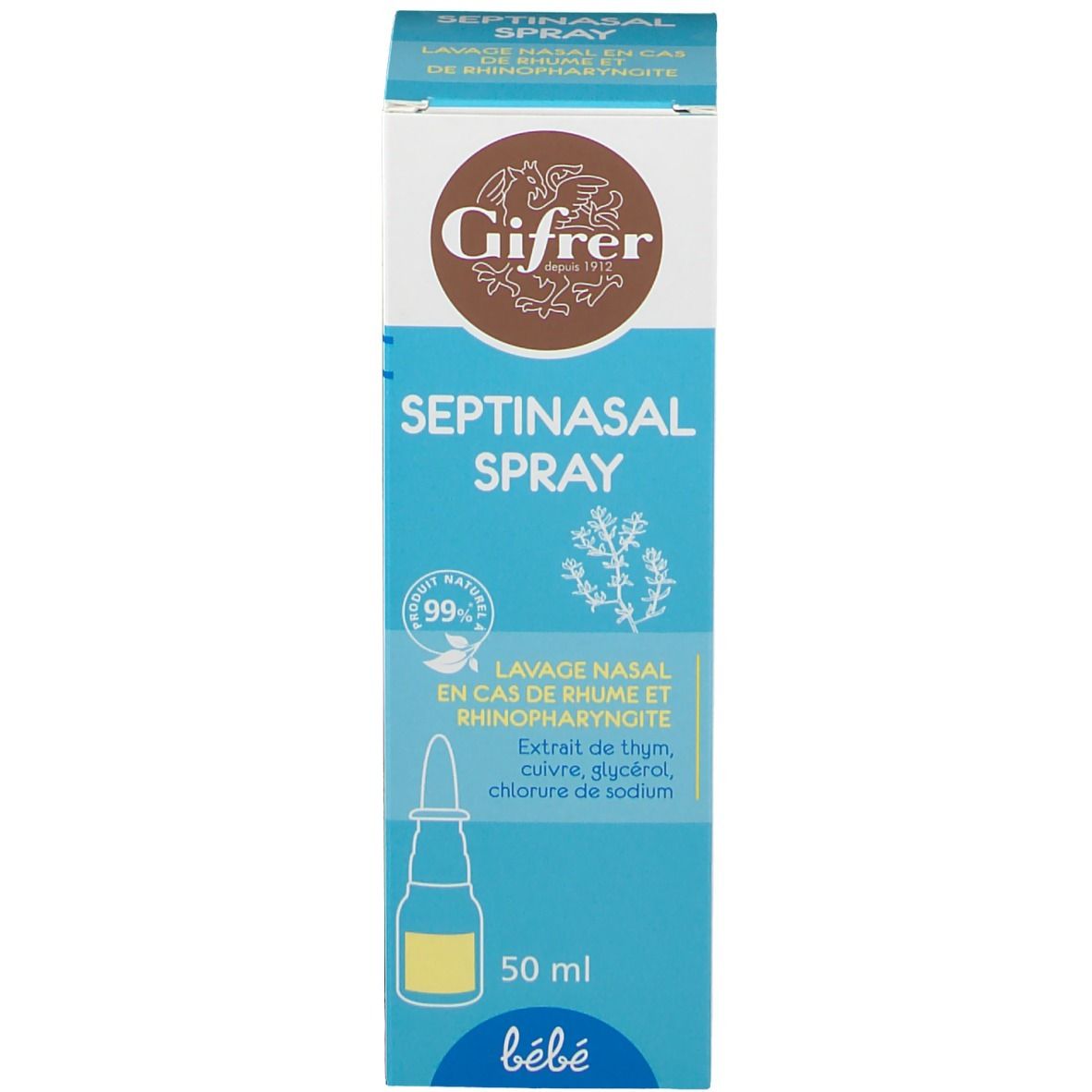 Emballage du produit avec flacon et embout spray. Inscription: Septinasal Spray, Gifrer. Étiquettes bleues et jaunes.
