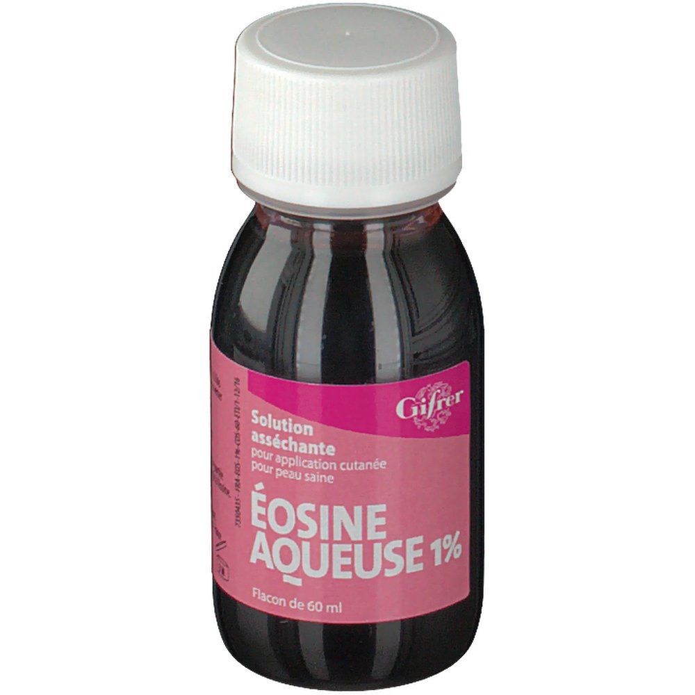 Flacon d'Éosine Aqueuse 1% Gifrer, liquide rouge, bouchon blanc, étiquette rose. Inscription visible.