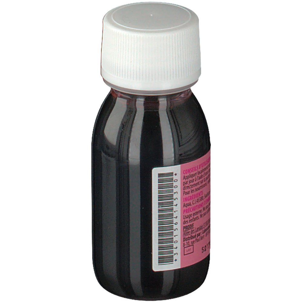 Flacon d'Éosine Aqueuse 1% avec liquide rouge, bouchon blanc et étiquette rose. Code-barres et texte.