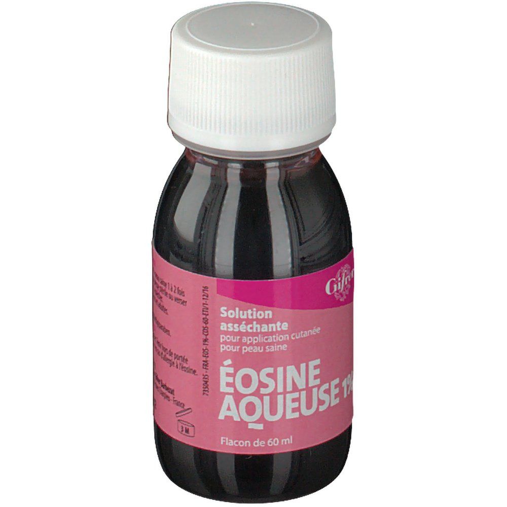 Flacon d'Éosine Aqueuse 1% Gifrer, liquide rouge, bouchon blanc, étiquette rose. Inscription visible.