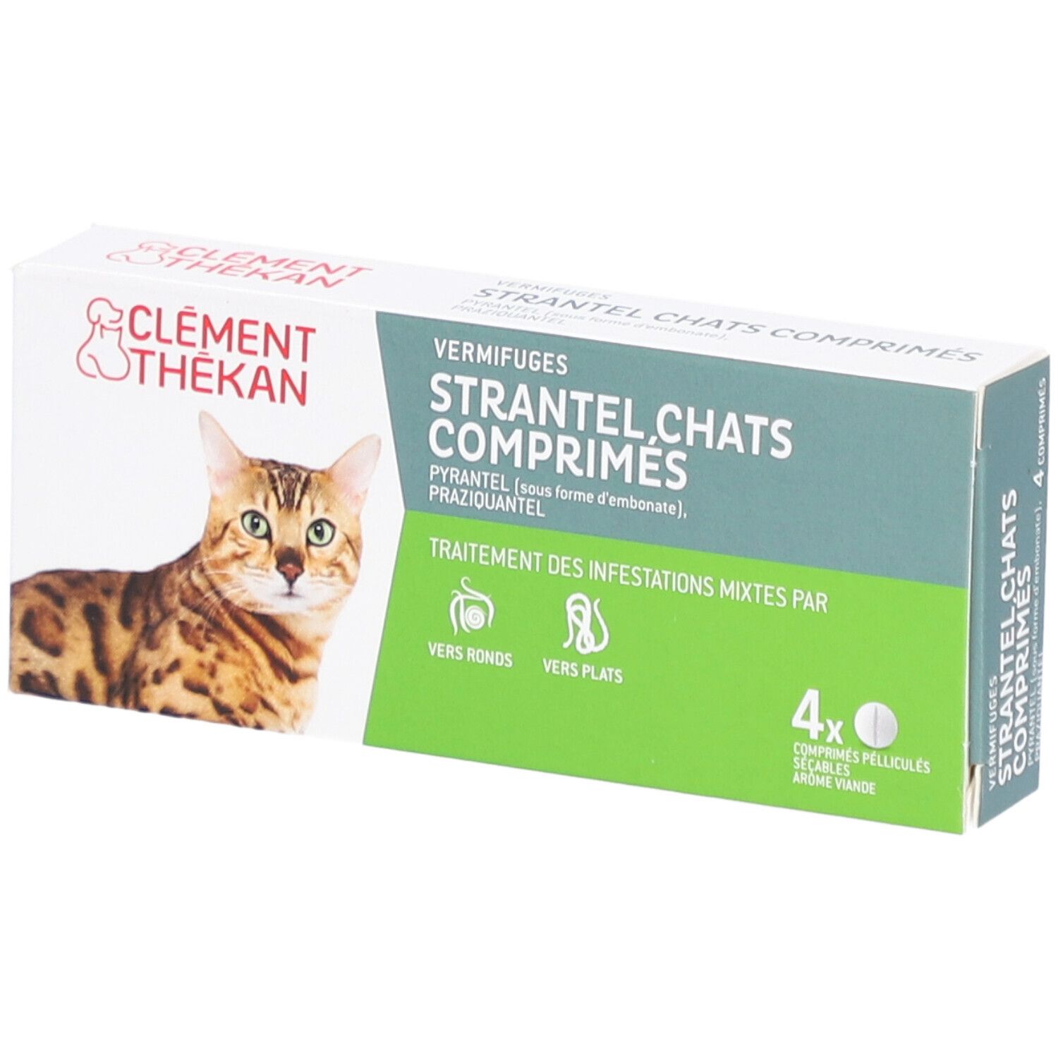 Boîte de comprimés pour chats. Contient 4 comprimés. Emballage vert et blanc.